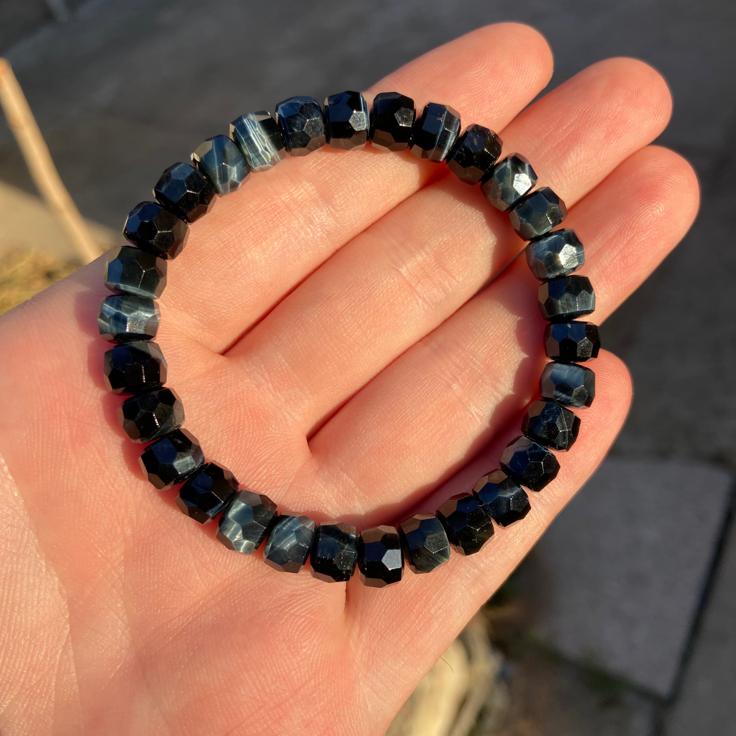 Natural Blue Tiger's Eye DiamondâCut Disc Bead Stretch Bracelet for Men & Women