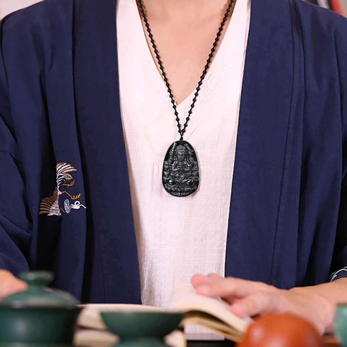 Natural Black Jade Eight Great Guardian Gods Pendant - Authentic Feng Shui Amulet for Protection & Blessing