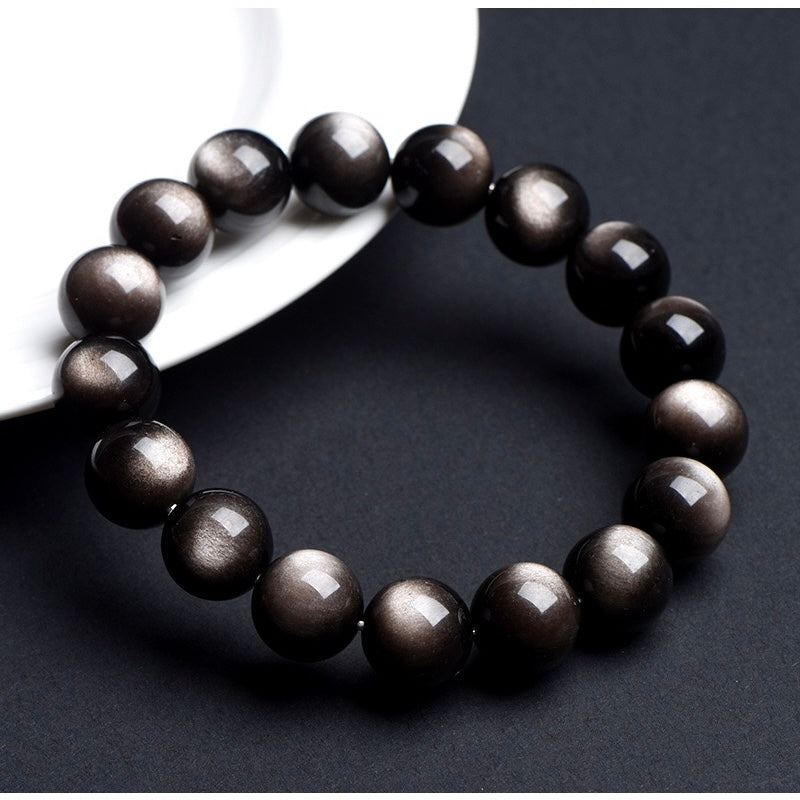 Double-eyed silver obsidian bracelet