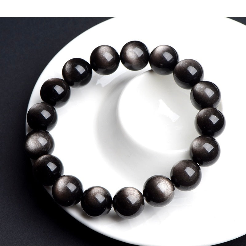 Double-eyed silver obsidian bracelet