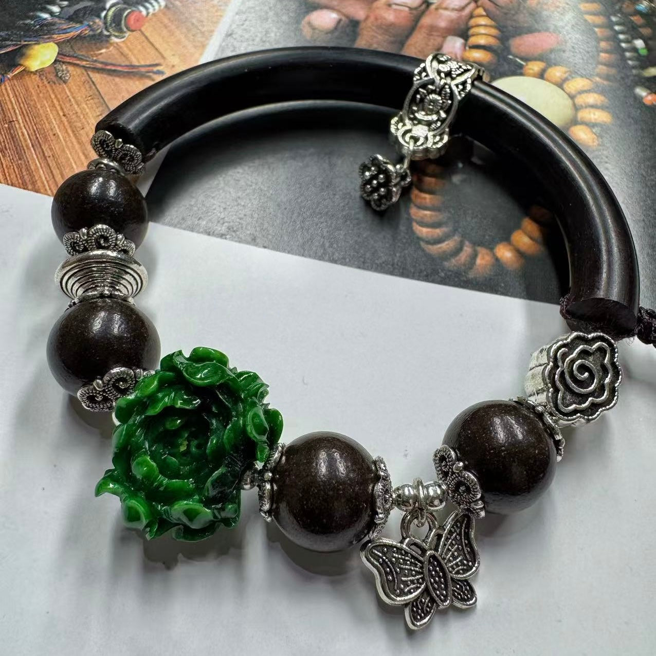 Sandalwood flower and butterfly bangle bracelet