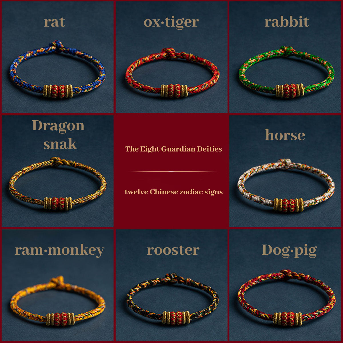 Eight Great Guardian Deities Chinese Zodiac Red String Bracelet - Handmade Weave, Couple Style, Benmingnian (Zodiac Year) Lucky Bracelet for Women
