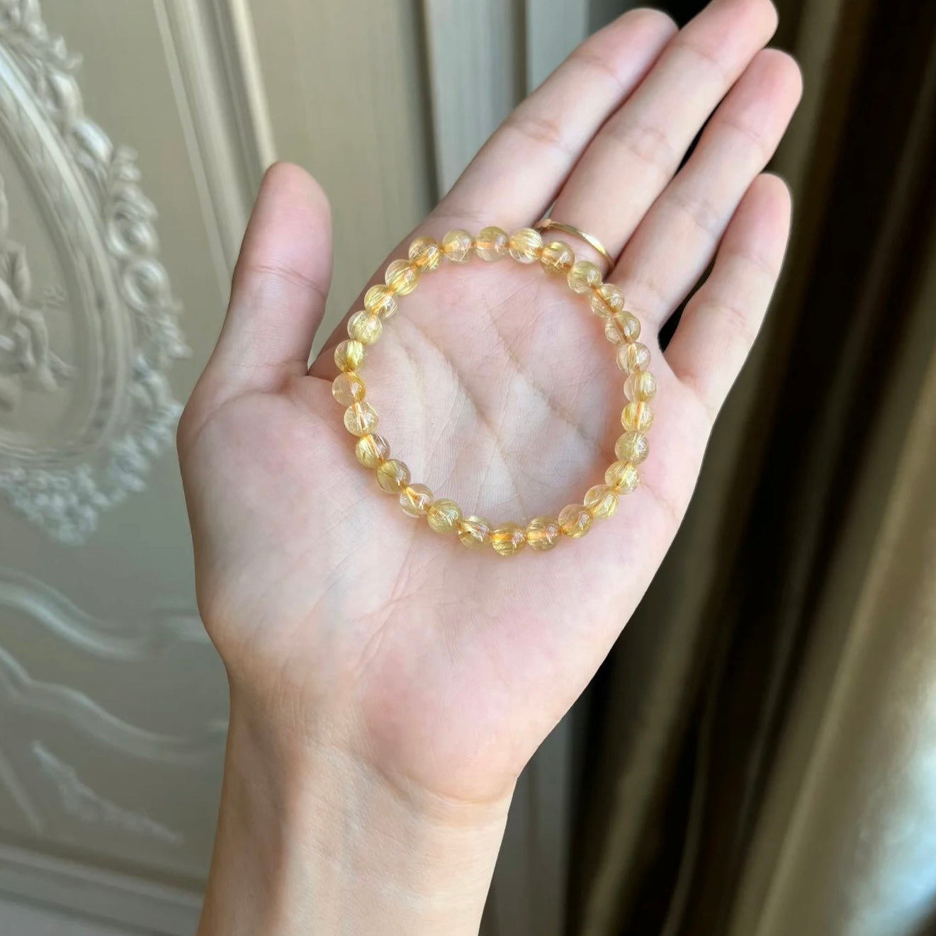 Natural Rutilated Quartz Single-Strand Bracelet, Shimmering Golden Hair-Like Inclusions, Wealth-Attracting & Fortune-Boosting Energy Crystal, Minimalist & Versatile Single-Strand Bracelet