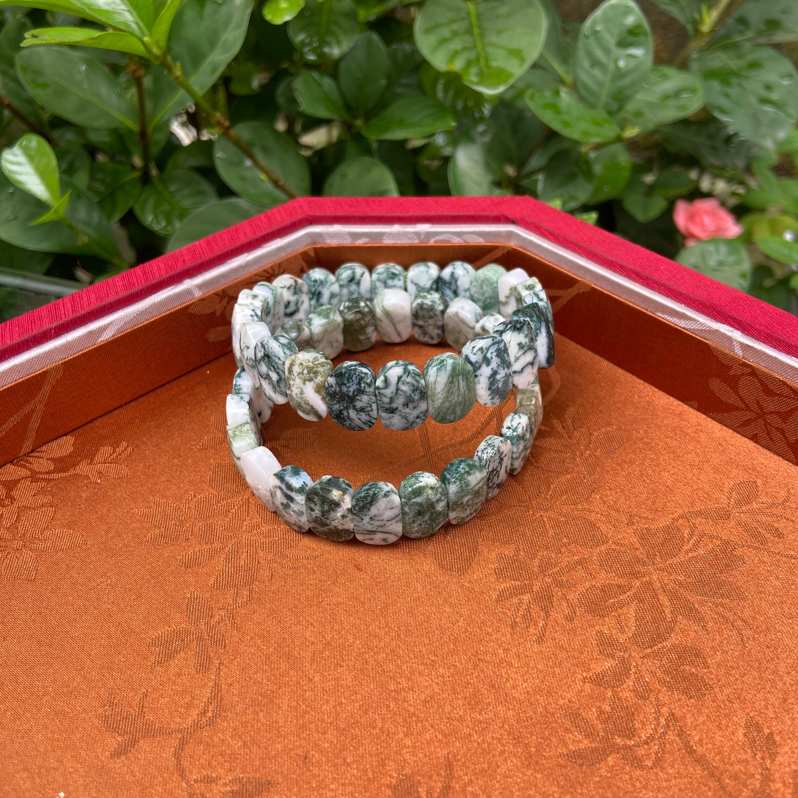 Natural Moss Agate Bangle Bracelet - Handcrafted Gemstone Jewelry with Intricate Moss-Like Patterns