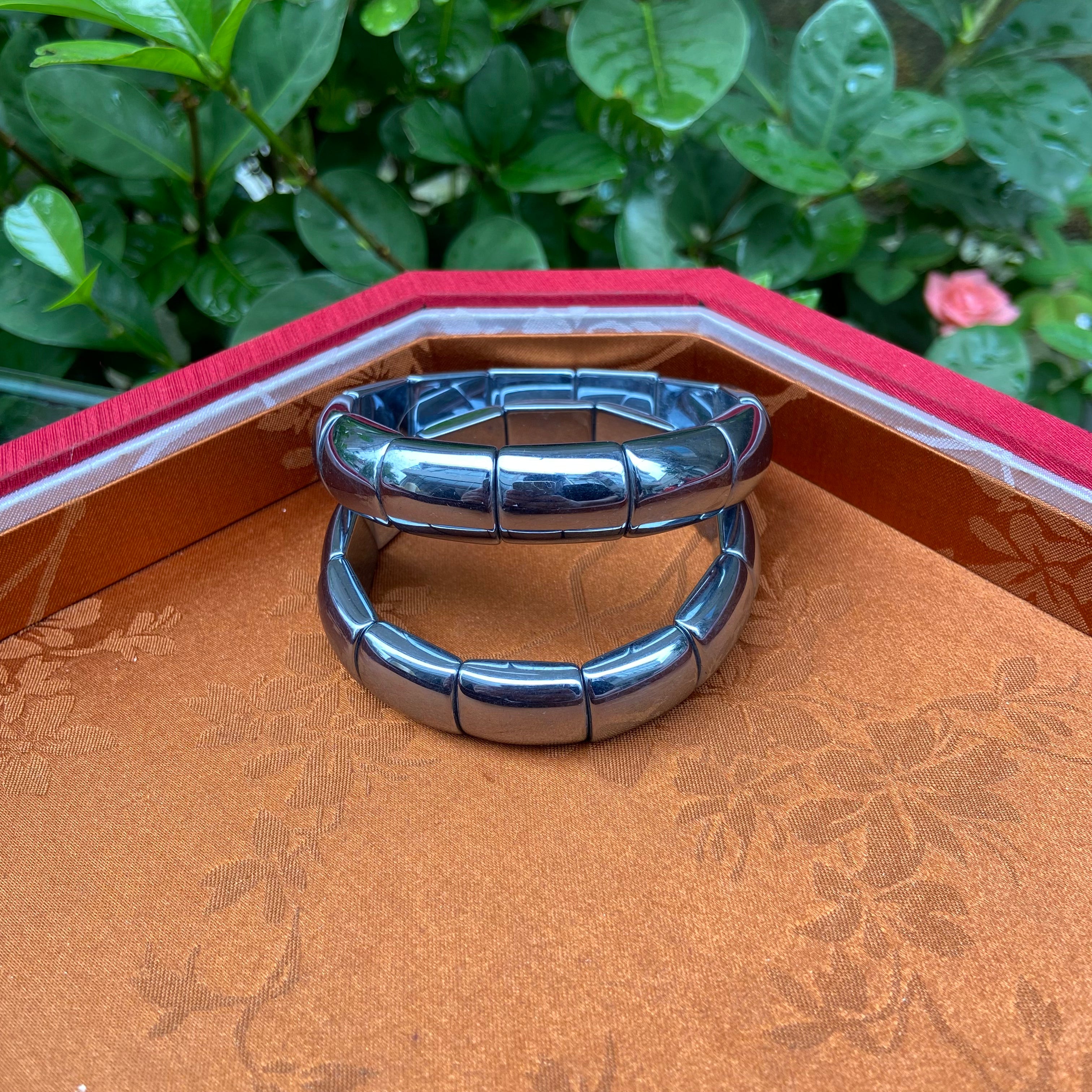 Natural Terahertz Stone Bangle Bracelet - Handcrafted Jewelry with Sleek Metallic Sheen