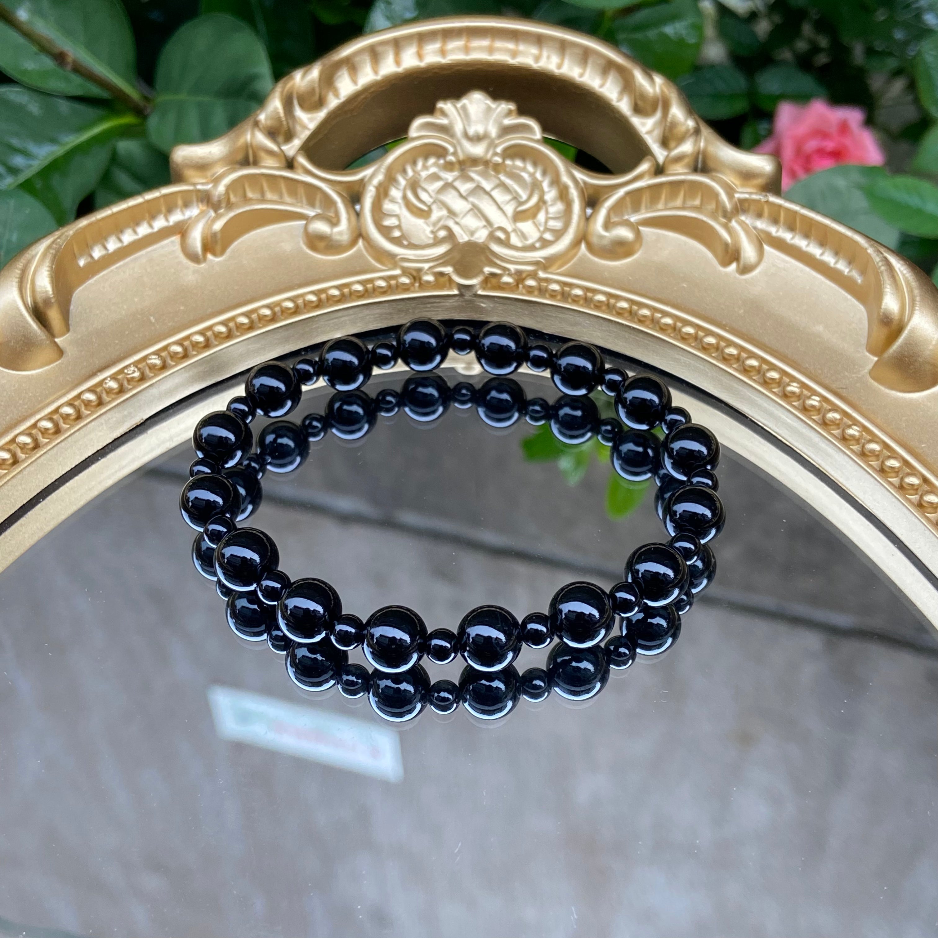 Original Mixed-Size Black Onyx Beaded Bracelet - Handcrafted Minimalist Jewelry for Timeless Style