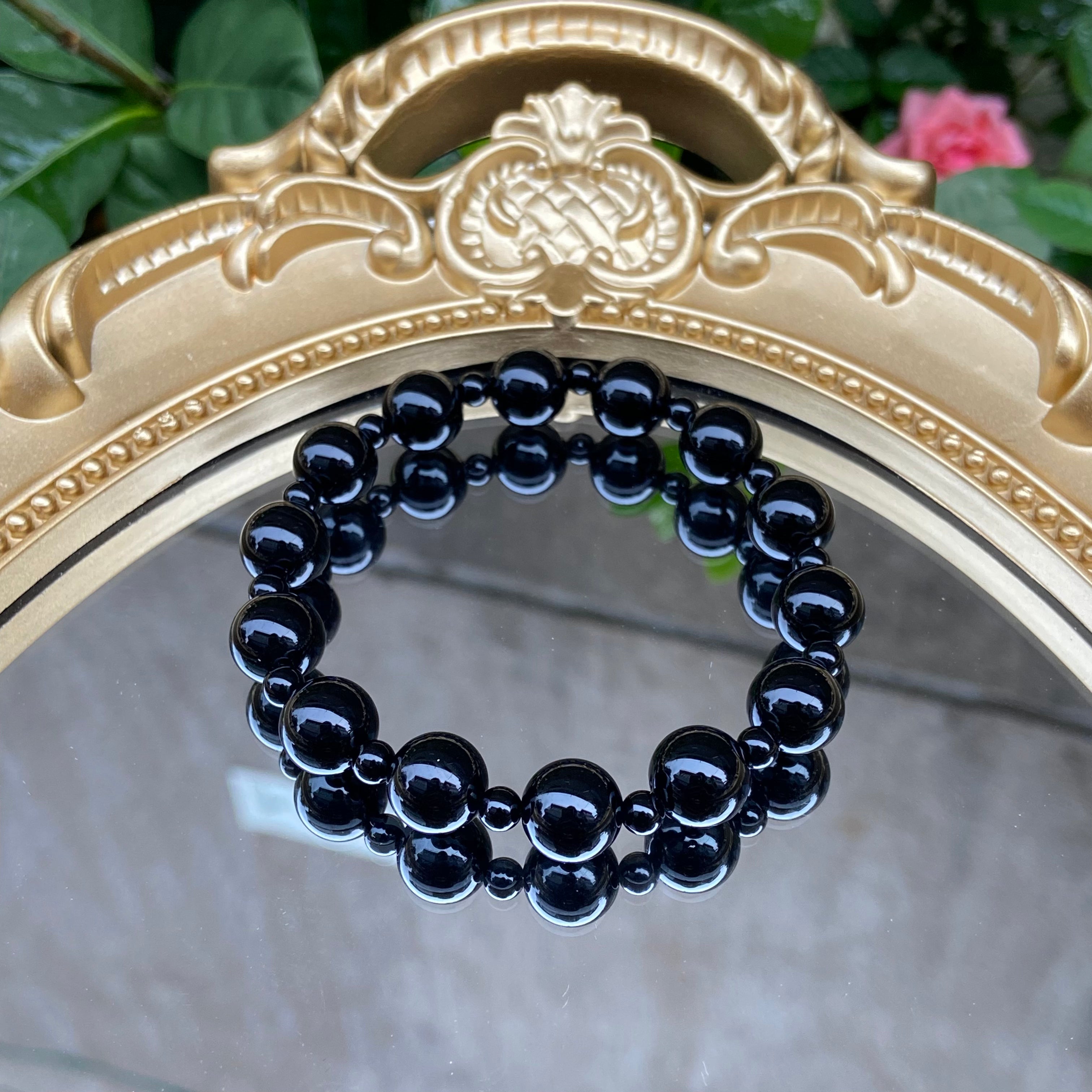 Original Mixed-Size Black Onyx Beaded Bracelet - Handcrafted Minimalist Jewelry for Timeless Style