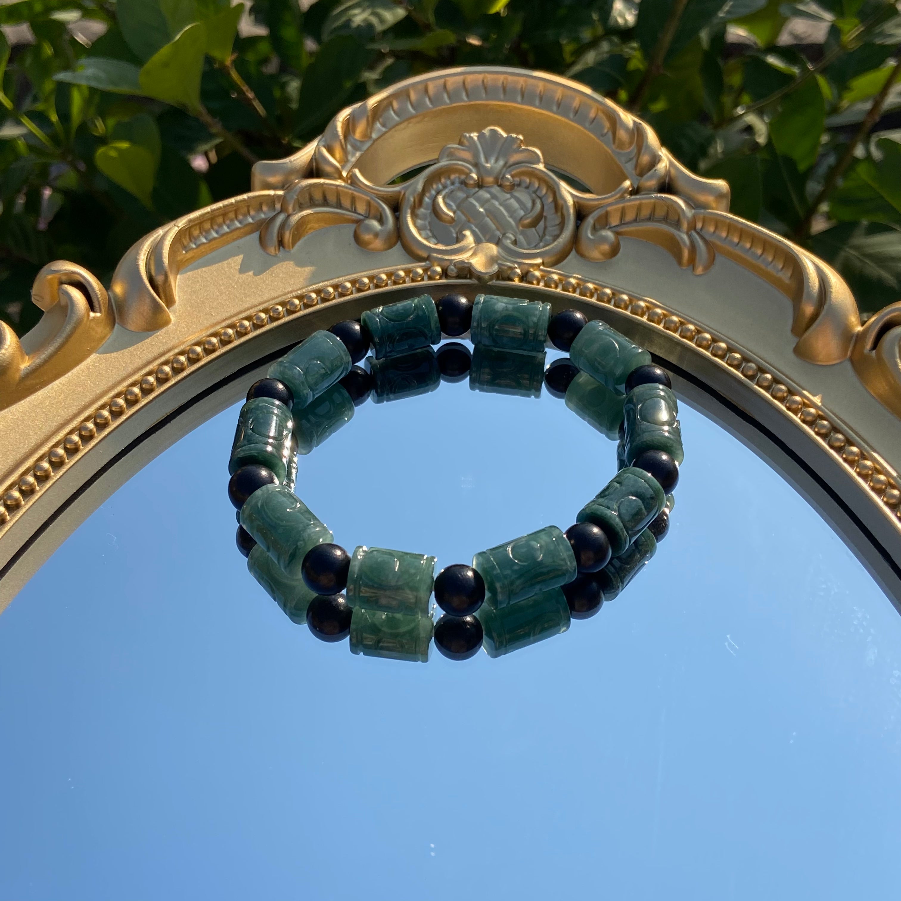 Natural Jade Barrel Bead Carved Bracelet - Handcrafted Feng Shui Jewelry for Prosperity & Luck
