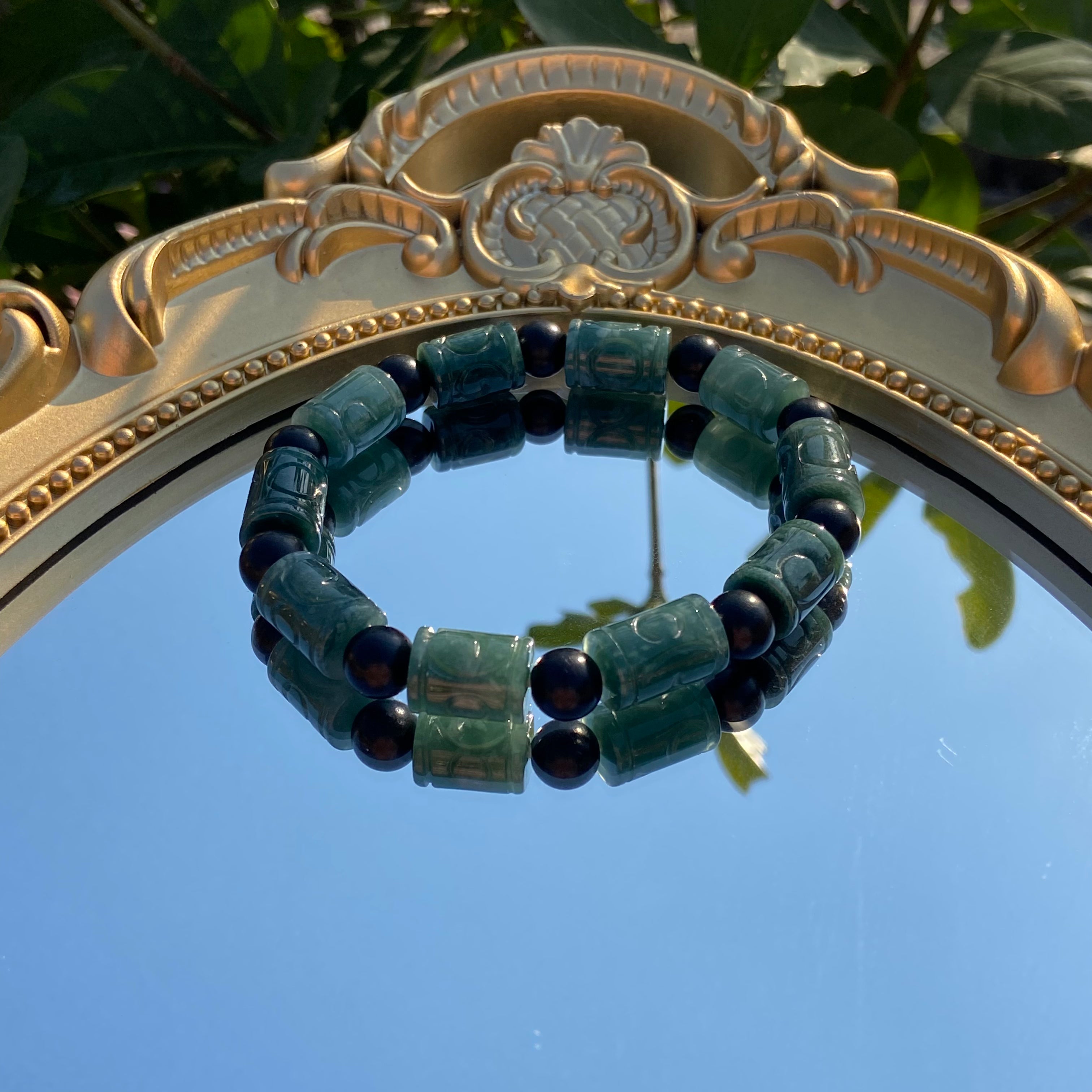 Natural Jade Barrel Bead Carved Bracelet - Handcrafted Feng Shui Jewelry for Prosperity & Luck