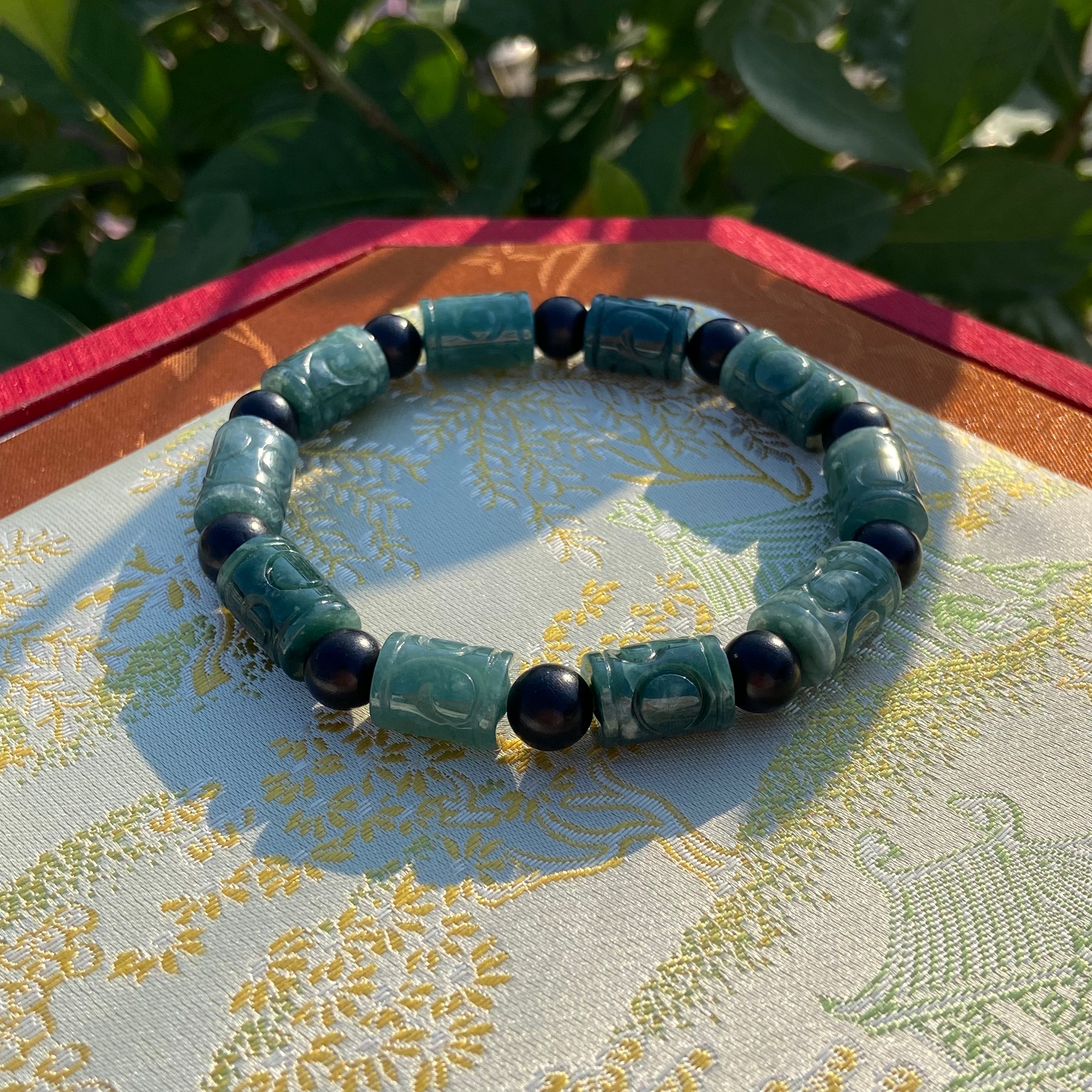 Natural Jade Barrel Bead Carved Bracelet - Handcrafted Feng Shui Jewelry for Prosperity & Luck
