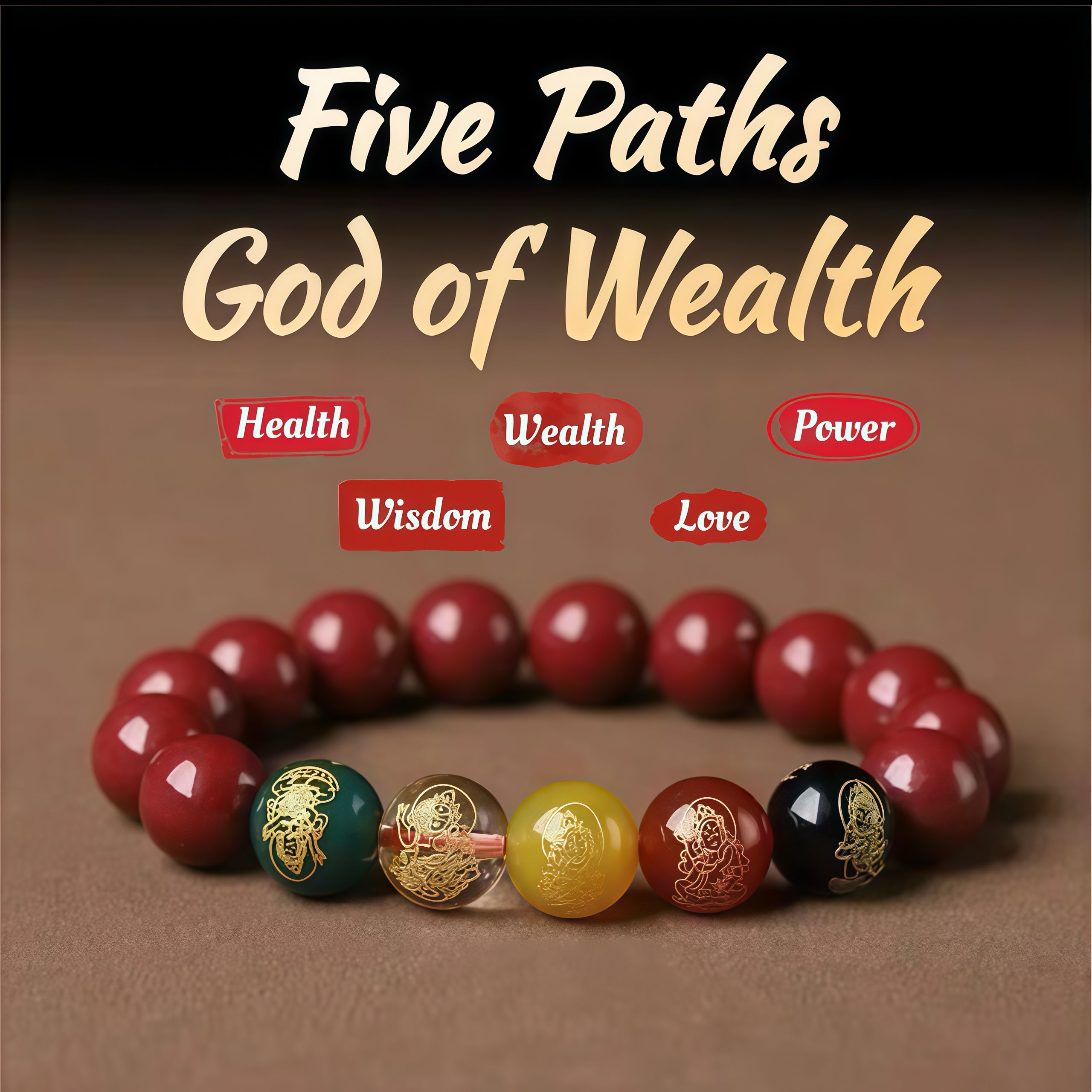 Five Fortune Gods Prosperity Bracelet & Chinese Feng Shui Cinnabar Beads for Wealth Attraction & Positive Energy