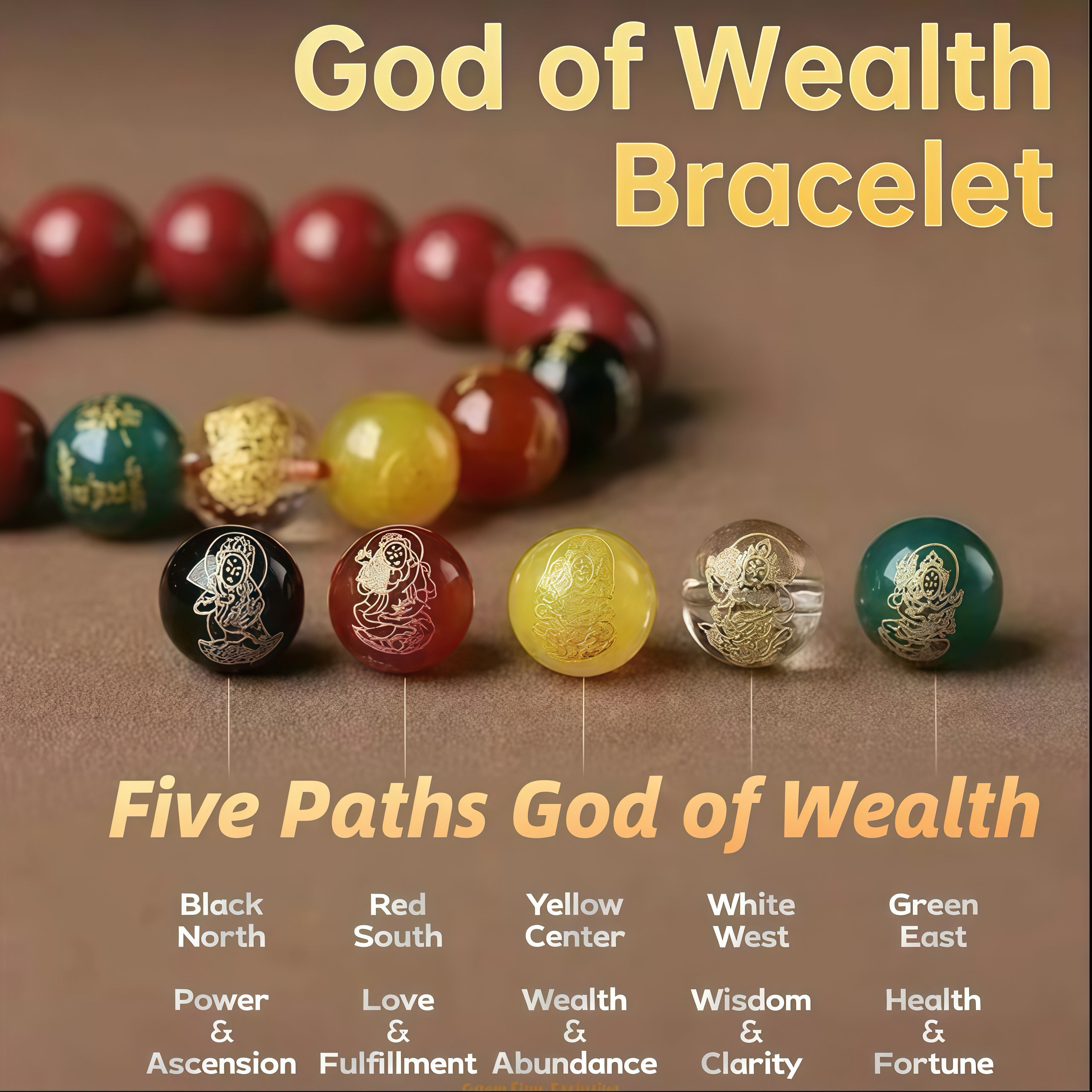 Five Fortune Gods Prosperity Bracelet & Chinese Feng Shui Cinnabar Beads for Wealth Attraction & Positive Energy