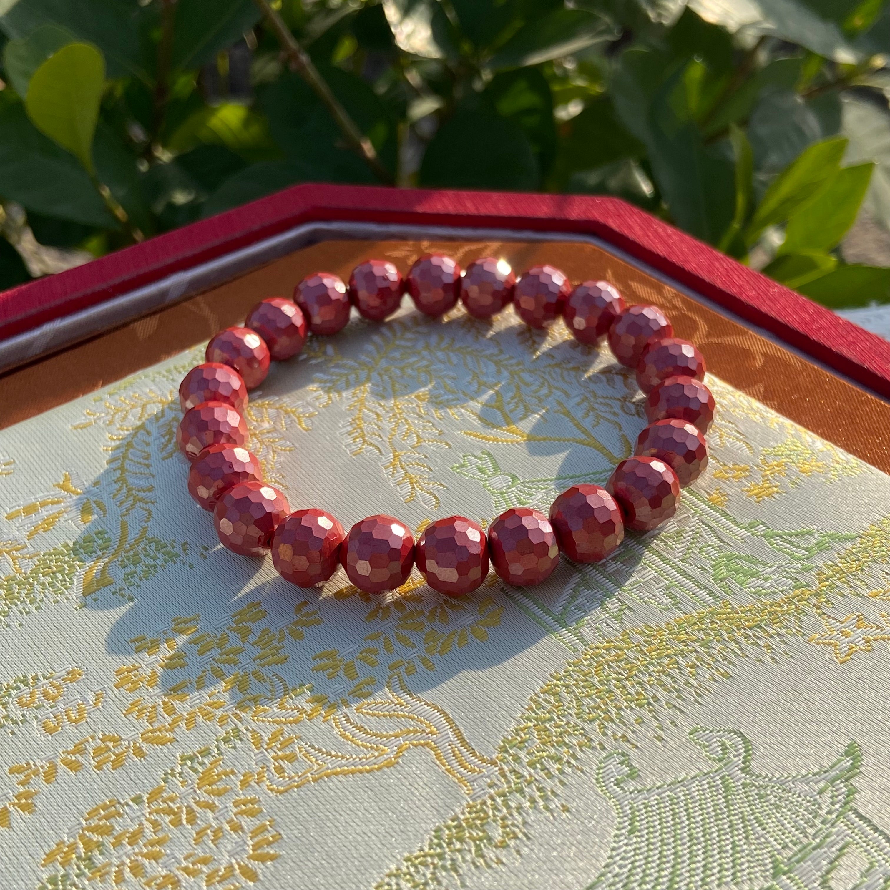 Diamond-Cut Cinnabar Round Bead Bracelet - Handcrafted Healing Crystal Jewelry for Daily Wear
