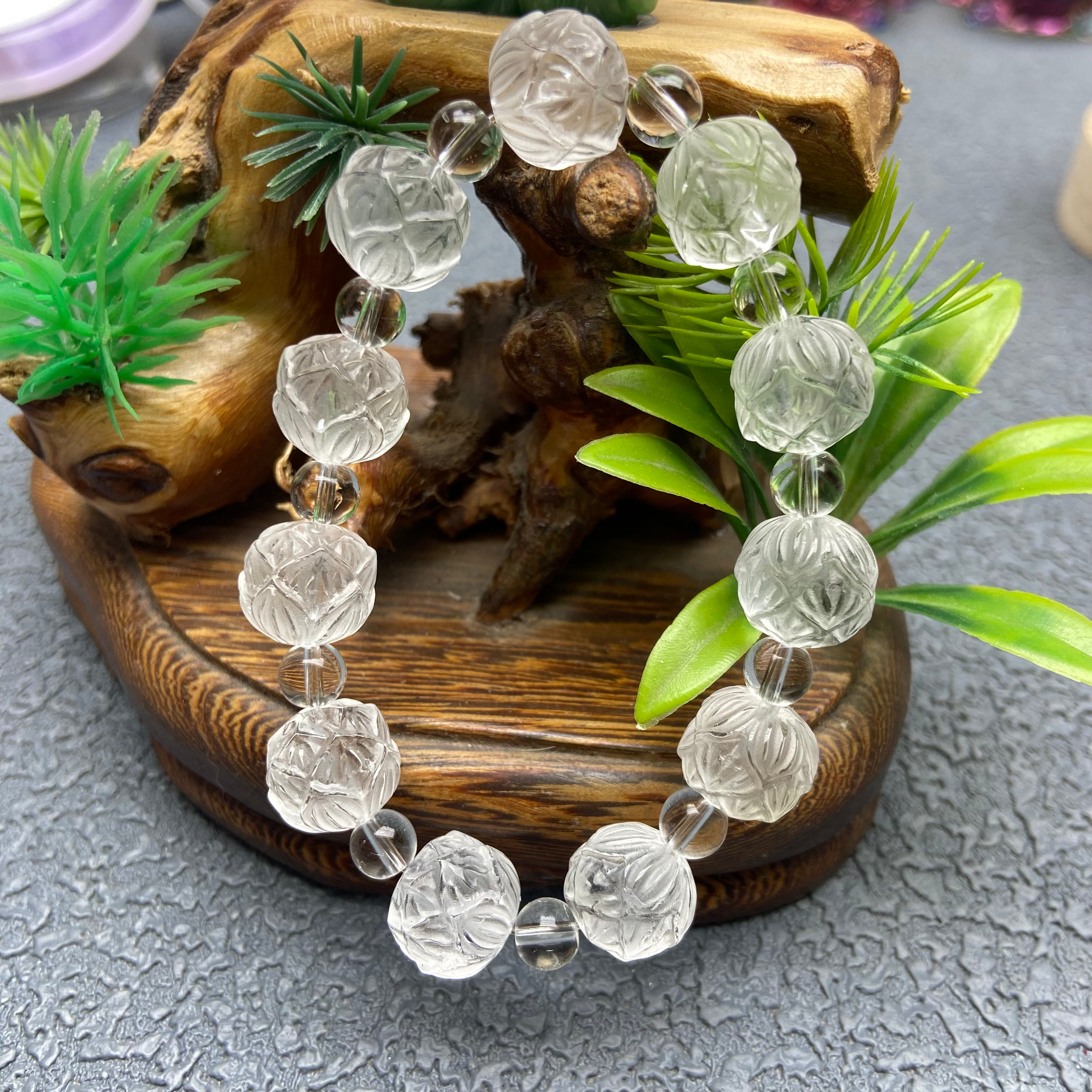 Natural White Crystal Lotus Beads, Hand-Strung at the World's Most Famous God of Wealth Temple, Symbolizing Good Fortune, Exquisite Craftsmanship, Stunning Design