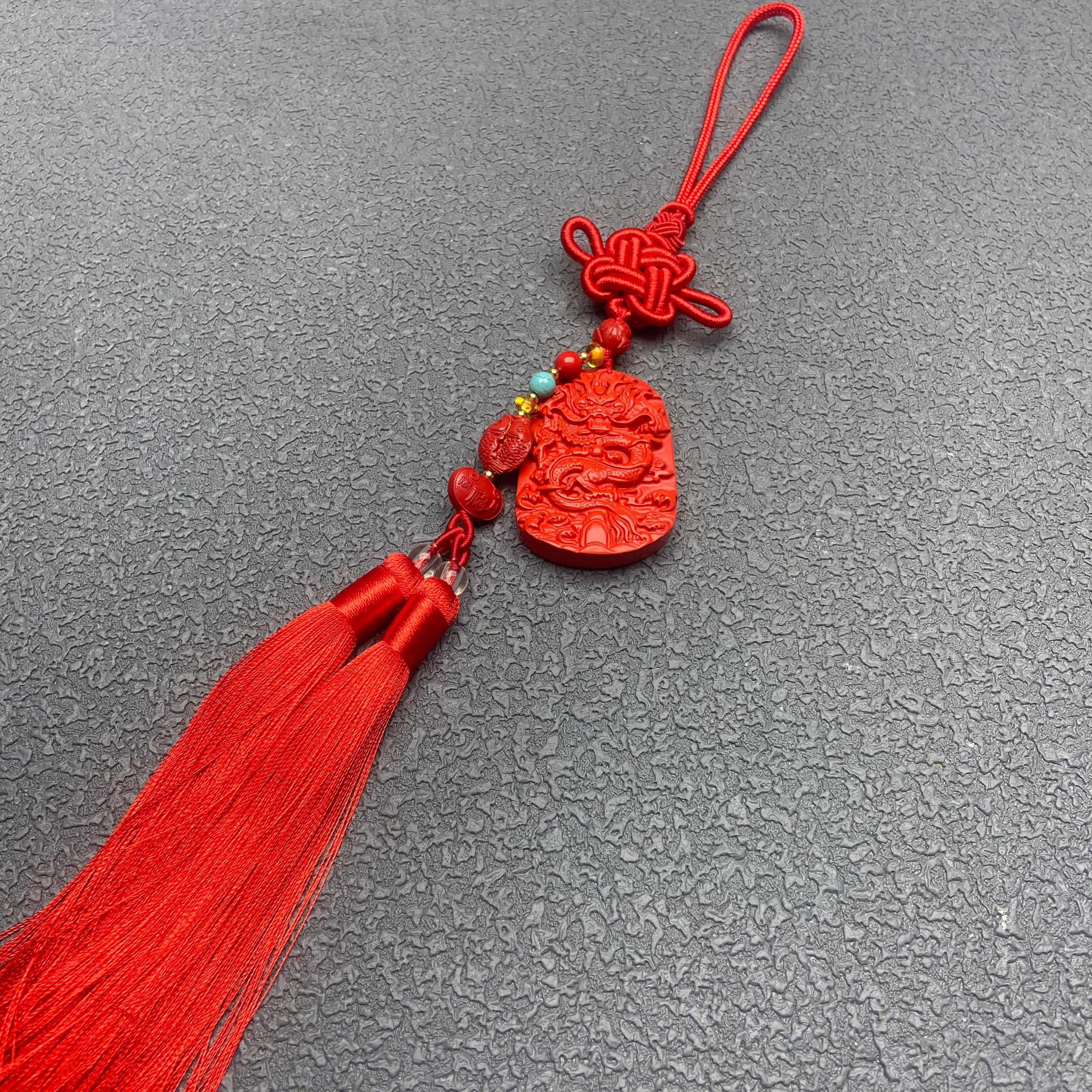 This Dragon Plaque, Double Fish & Ruyi car hanging ornament is a charming fusion of Chinese cultural symbolism and elegant design, bringing triple blessings to your journeys