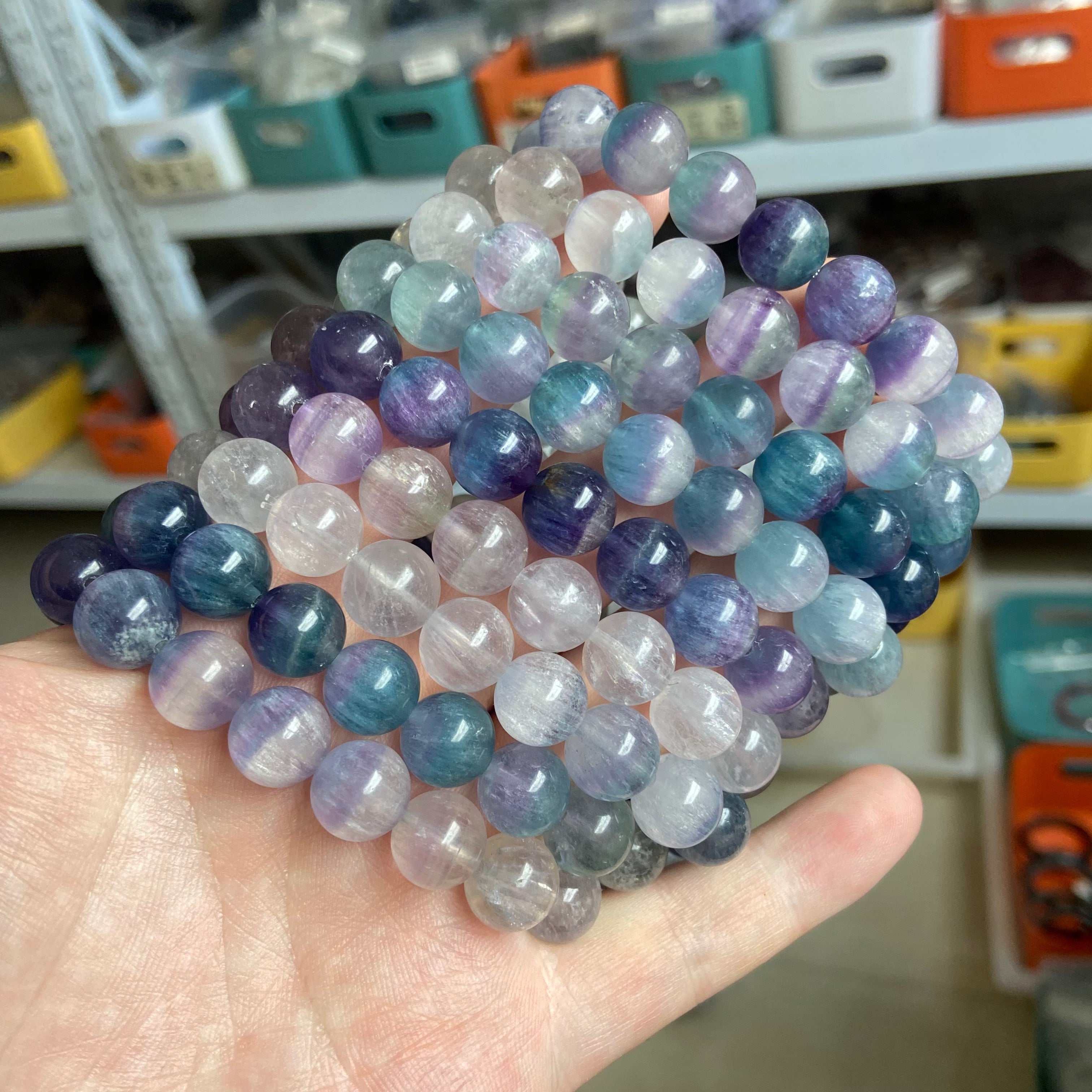 Colorful Fluorite Round Bead Bracelet - 11-12mm Large Beads Natural Crystal Jewelry