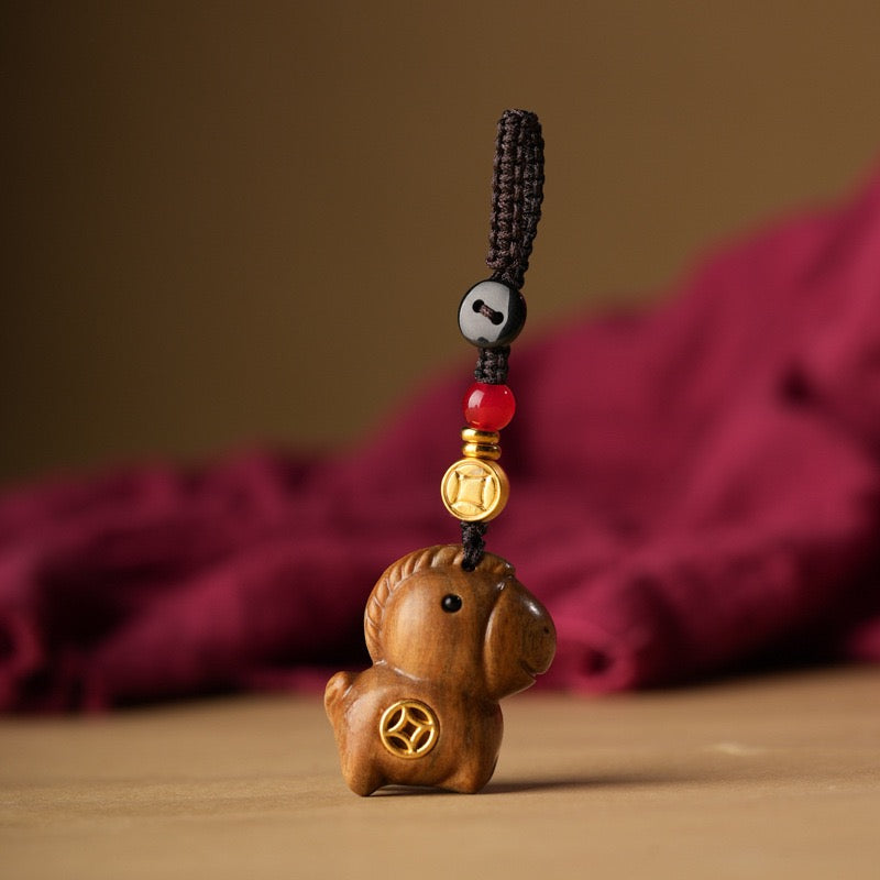 Handcarved Sandalwood Horse Keychain | Natural Wooden Keyring for Protection, Courage & Travel Blessings
