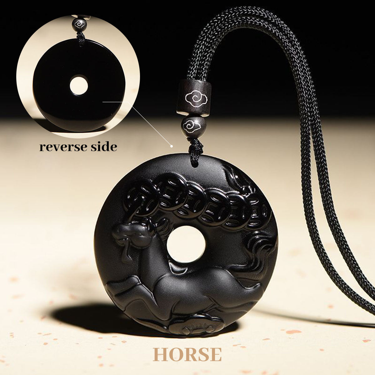 Obsidian Chinese Zodiac Peace Buckle Pendant - Unisex Style, Suitable for People Born in the Year of the Snake (Benmingnian) Necklace Pendant