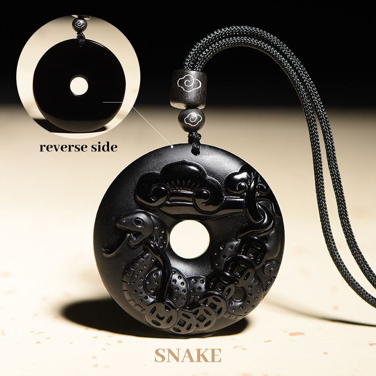 Obsidian Chinese Zodiac Peace Buckle Pendant - Unisex Style, Suitable for People Born in the Year of the Snake (Benmingnian) Necklace Pendant