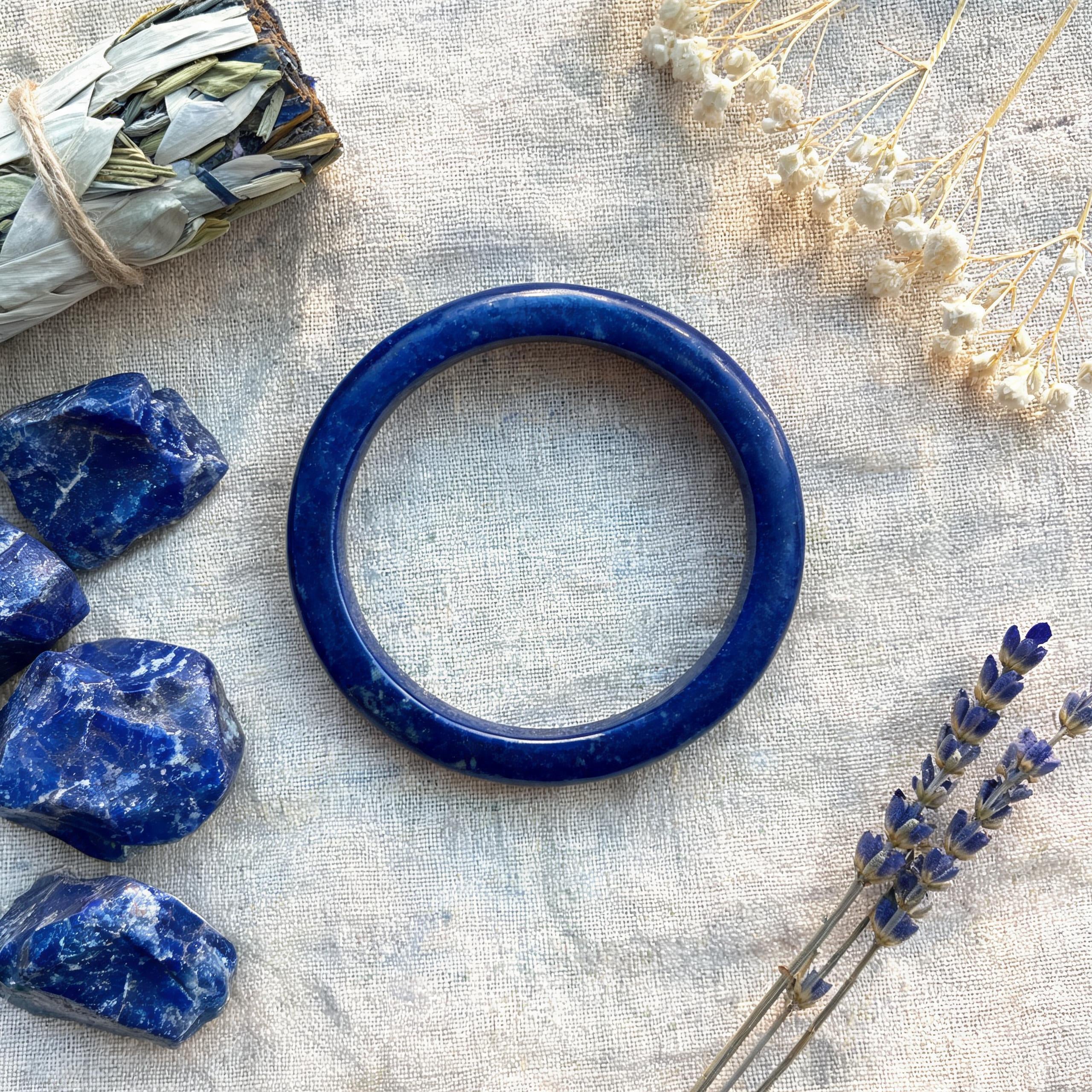 Natural Lapis Lazuli Solid Bangle Bracelet, Polished Blue Crystal Bangle for Women