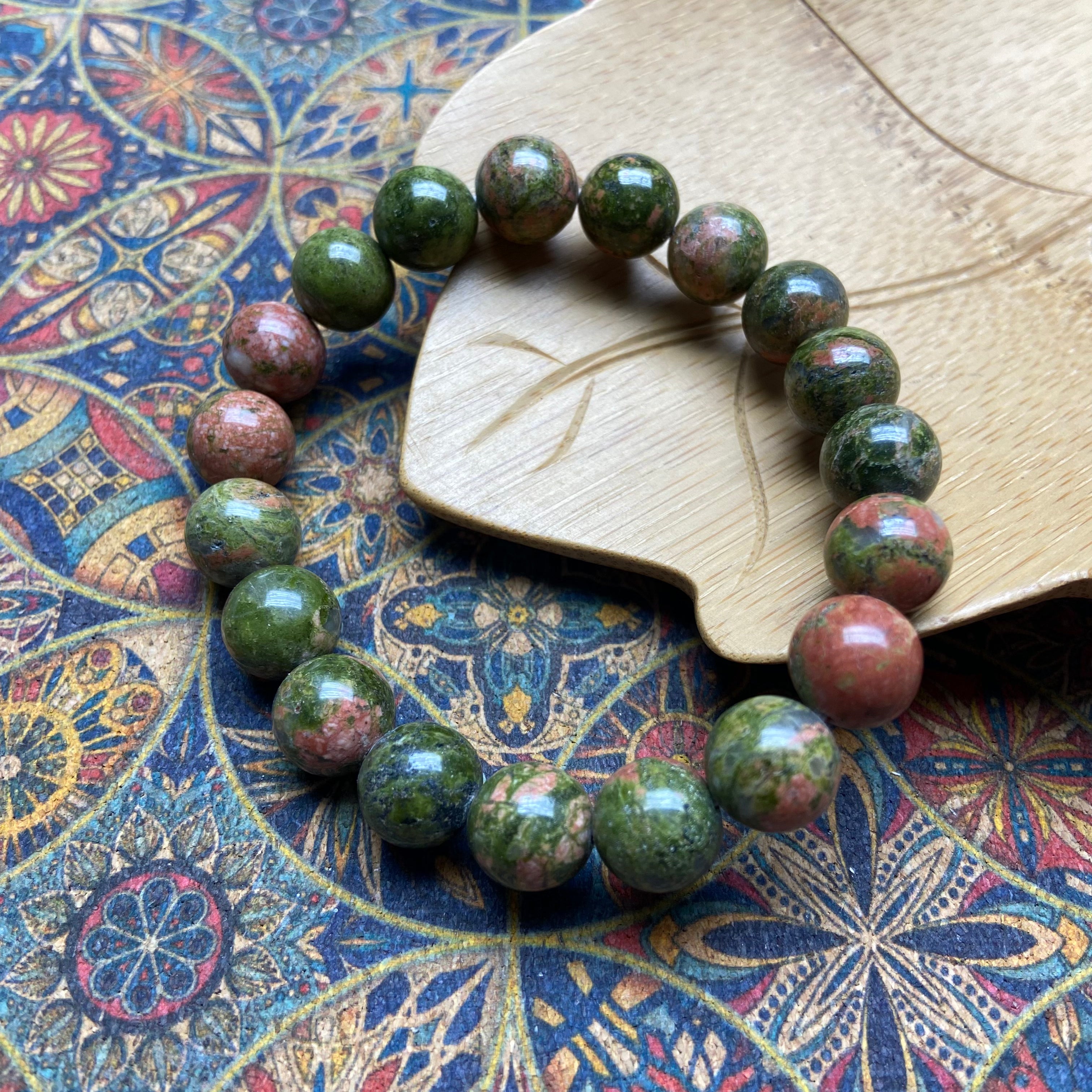 10mm Unakite Round Bead Bracelet - Uniqlo Label Handpolished Natural Gemstone Jewelry
