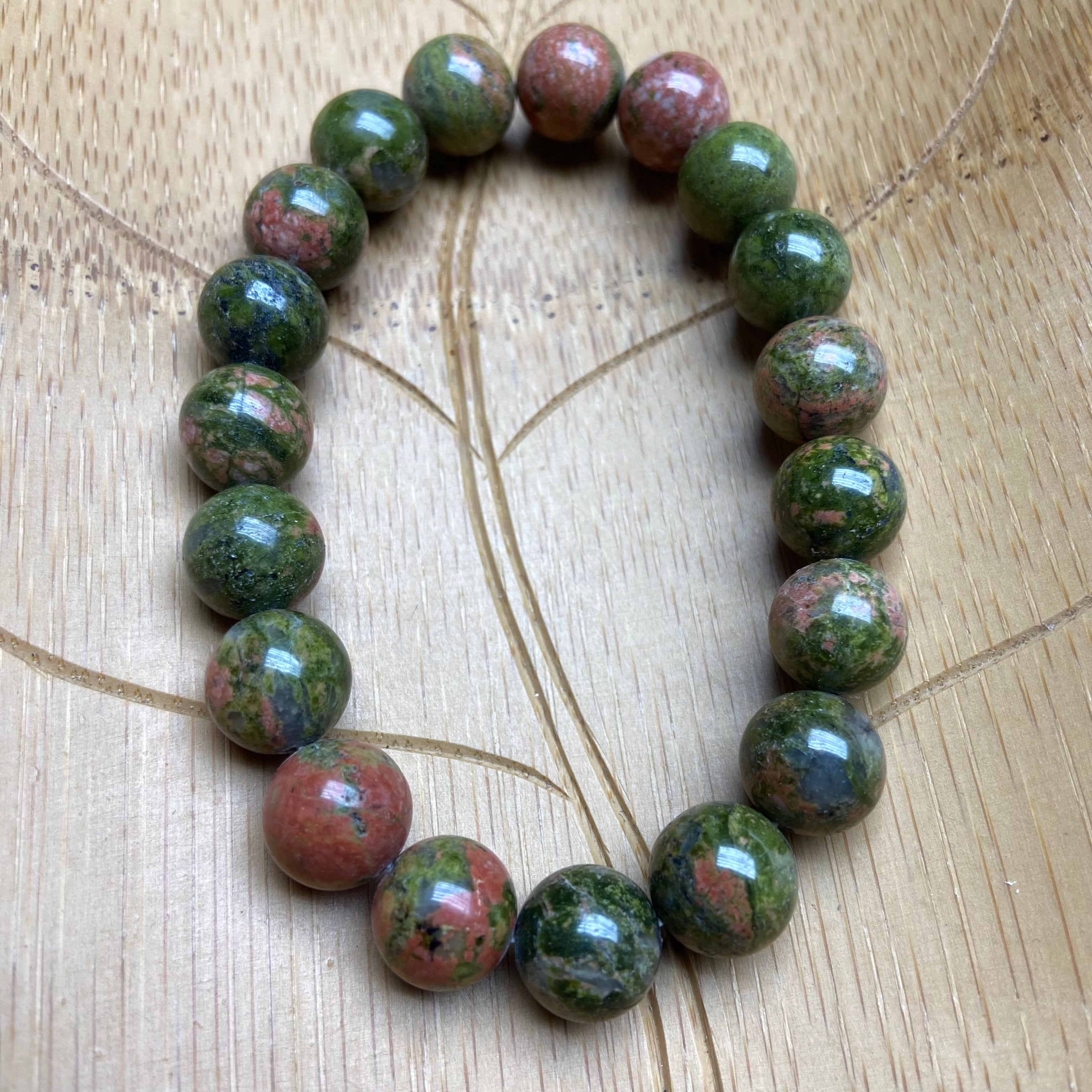 10mm Unakite Round Bead Bracelet - Uniqlo Label Handpolished Natural Gemstone Jewelry