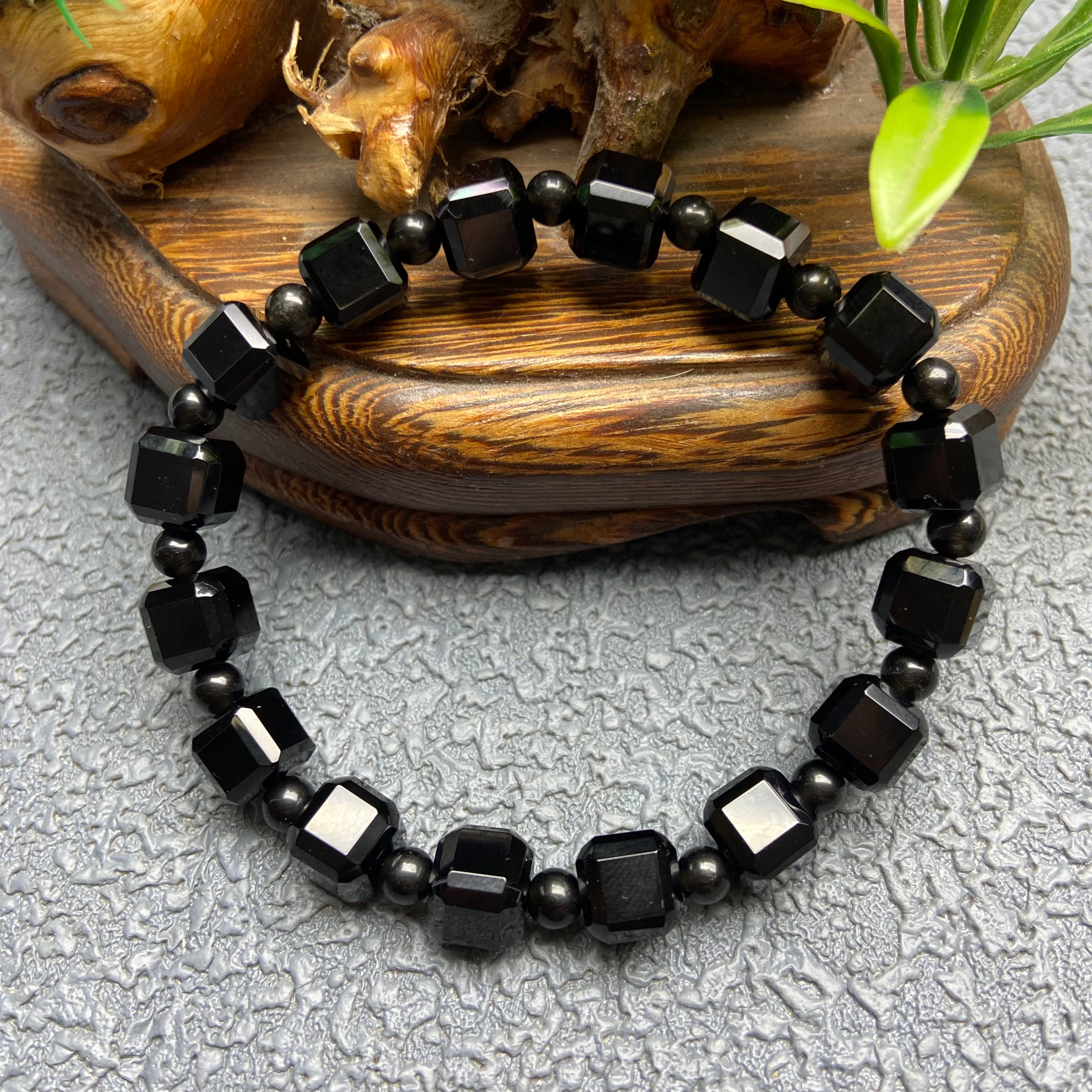 Natural Black Onyx Square Bead Bracelet - Handcrafted Geometric Gemstone Jewelry