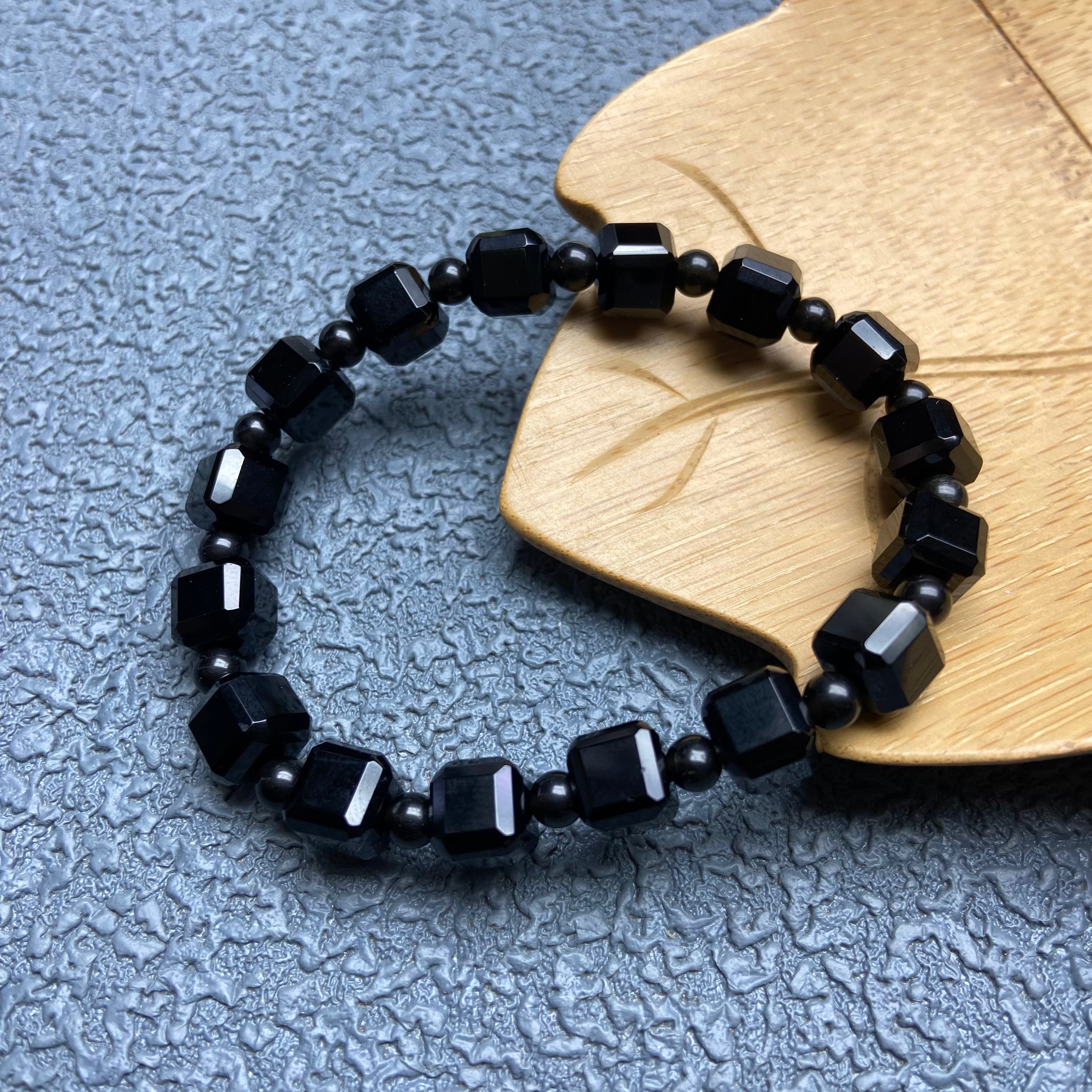 Natural Black Onyx Square Bead Bracelet - Handcrafted Geometric Gemstone Jewelry