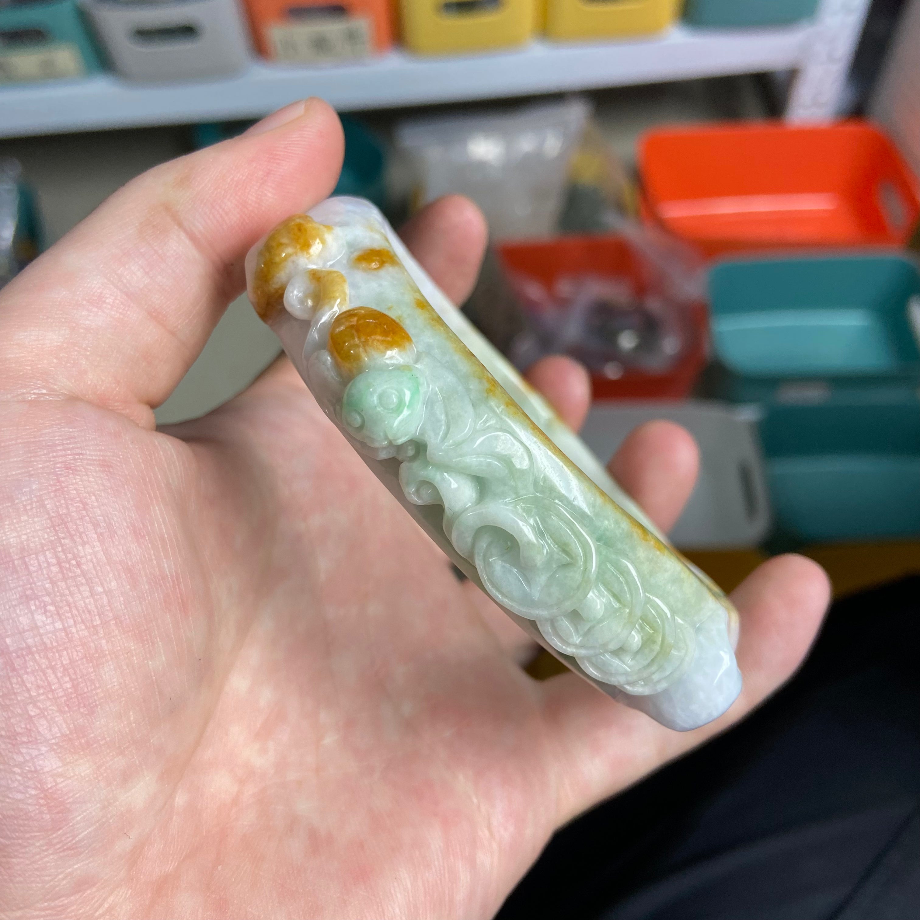 Burmese Jade Carved Bracelet - 76.5mm Diameter Handcrafted Gemstone Jewelry