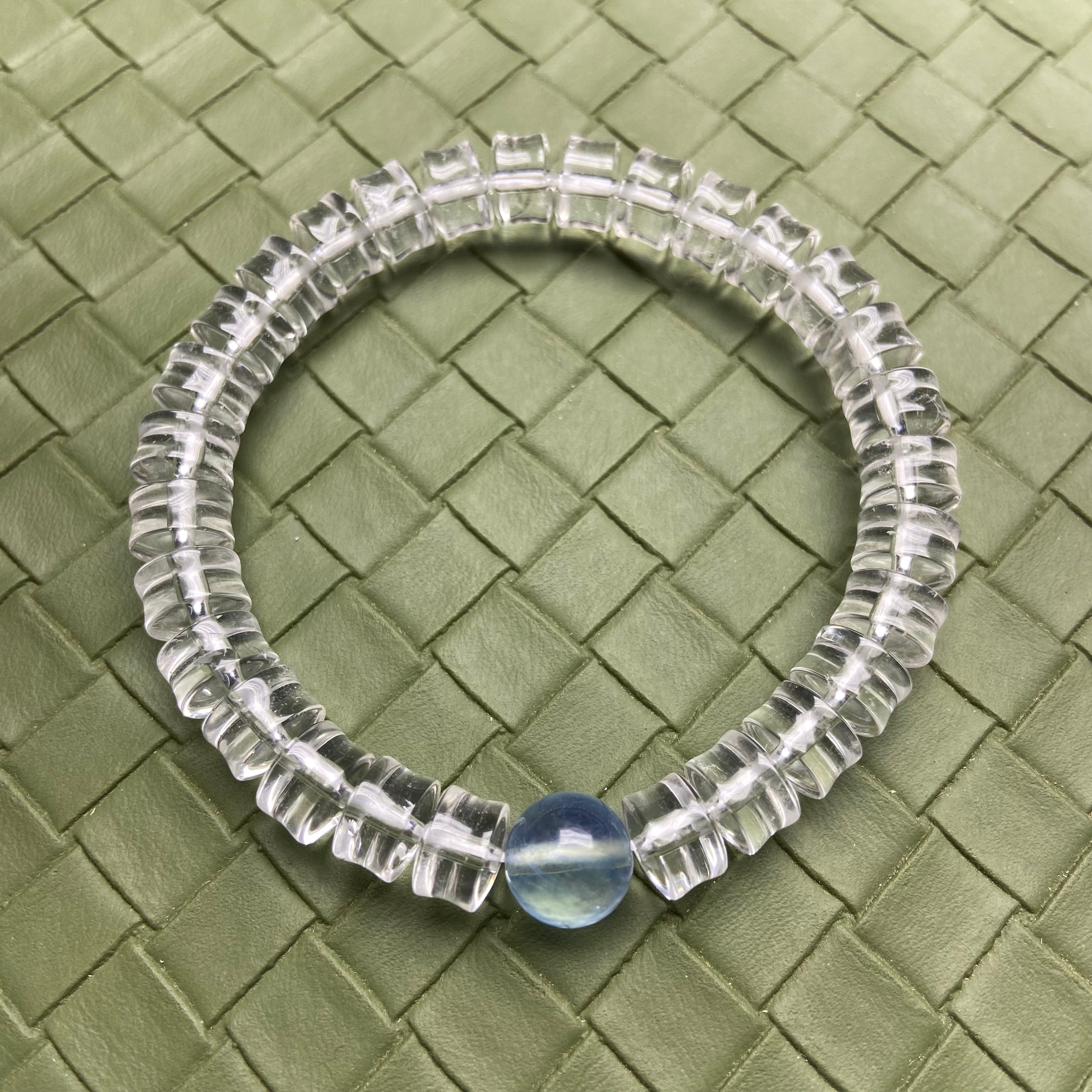 Bamboo Joint Clear Quartz Beads Bracelet - With 1 Aquamarine Bead Handcrafted Jewelry