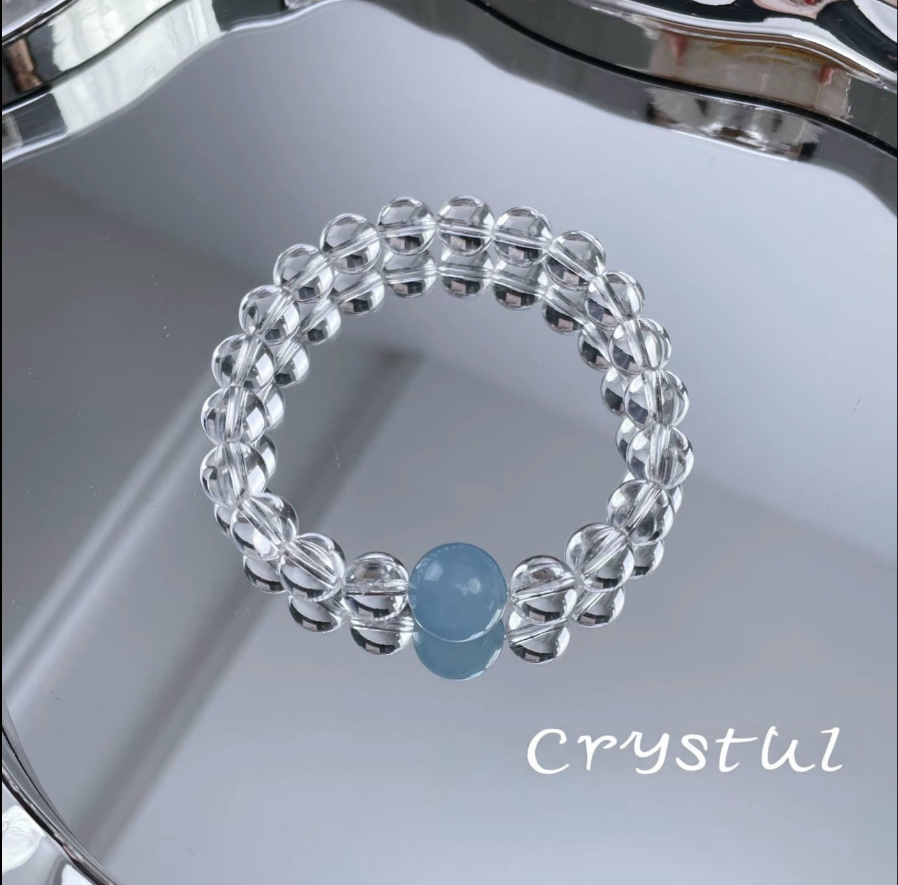 Clear Quartz Bracelet - Accented with 1 Aquamarine Bead Natural Gemstone Jewelry