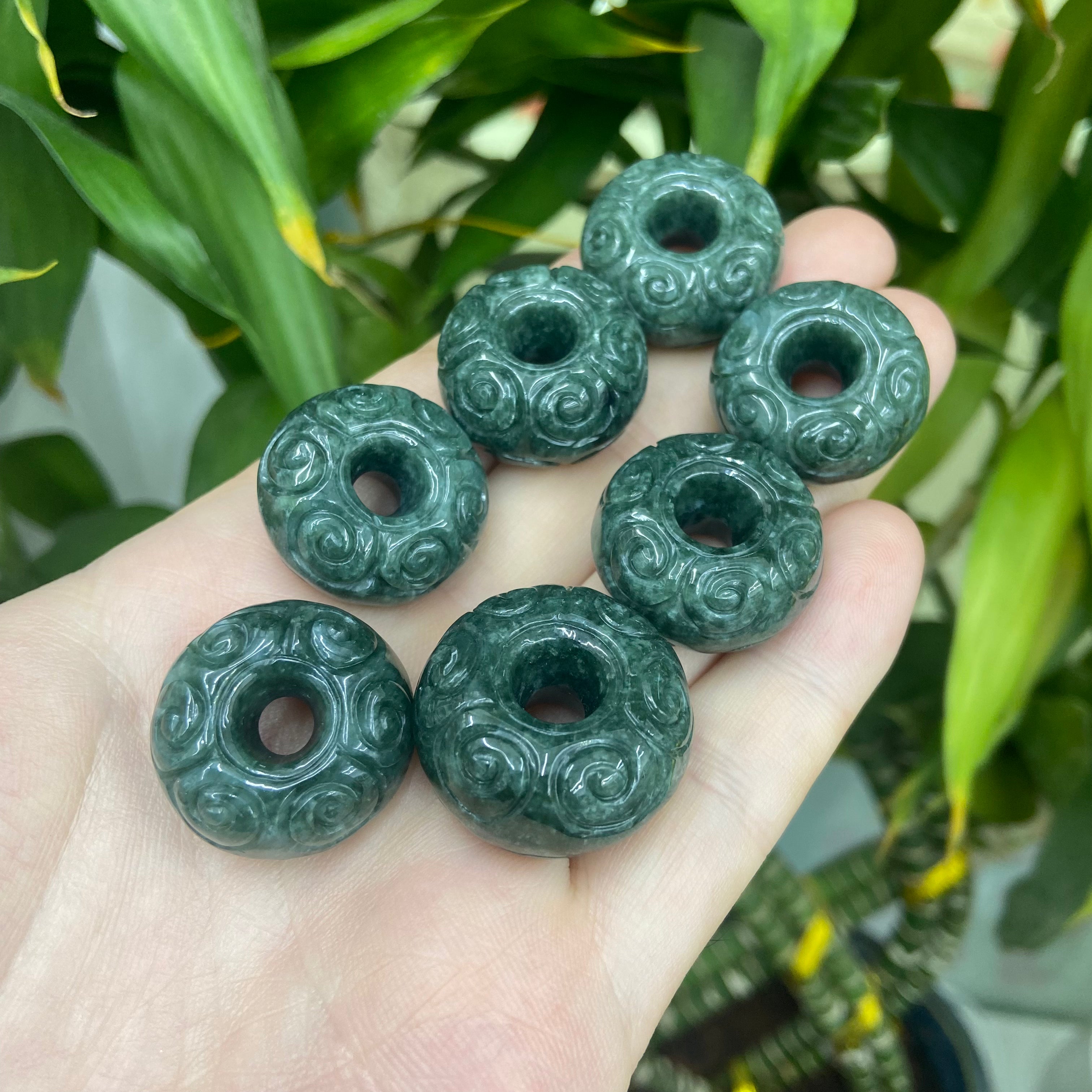 Natural Grade A Jadeite Carved Pattern Bread Buckle Donut Spacer DIY Jewelry Making Accessories
