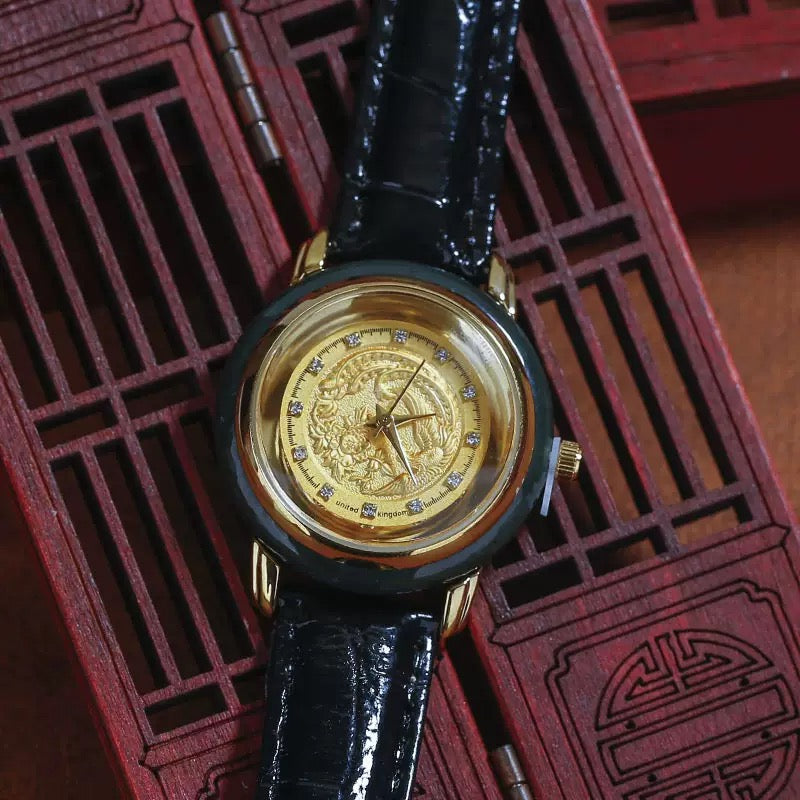 Hetian Jade Dragon & Phoenix Carved Watch - Handcrafted Gemstone Luxury Timepiece