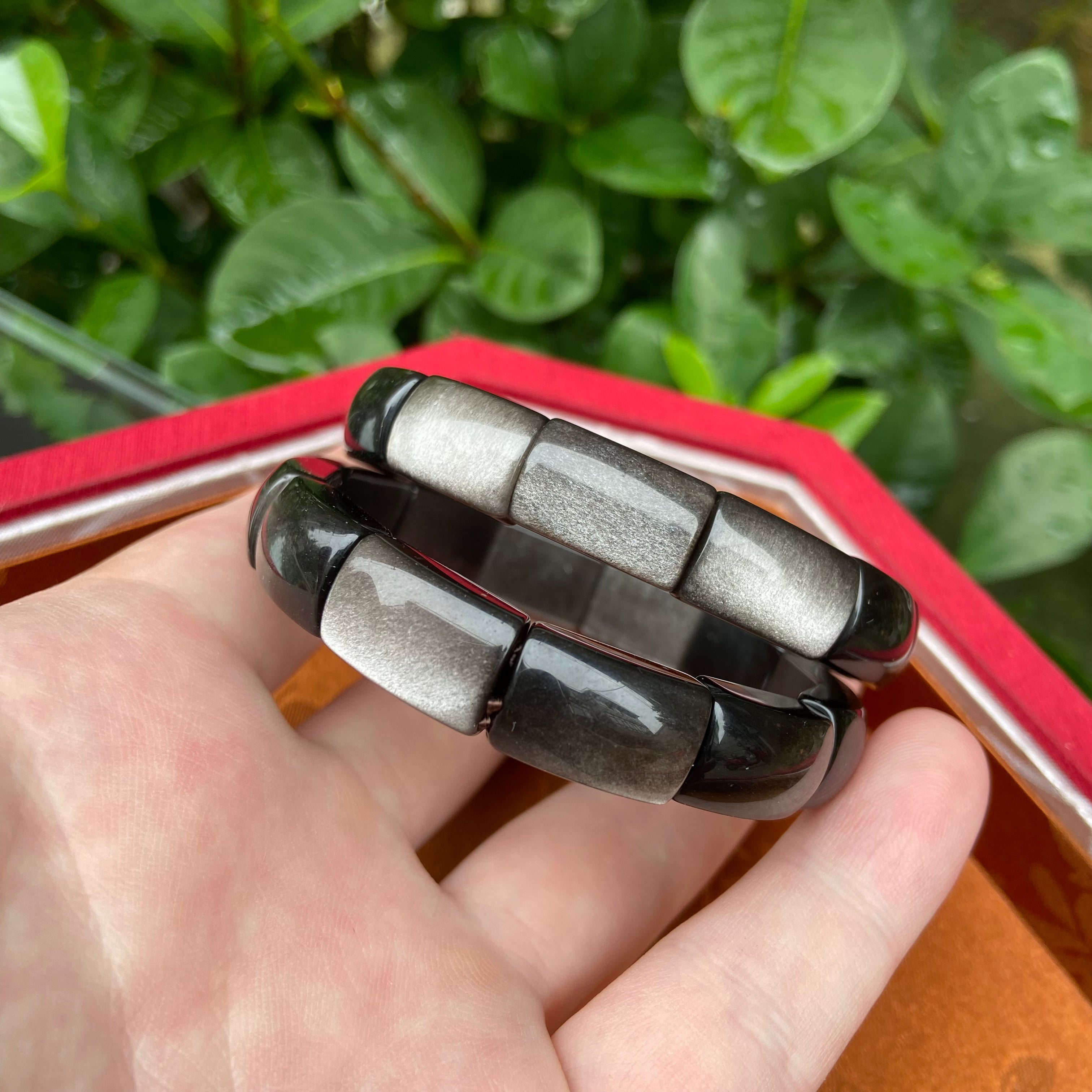 Silver Obsidian Bangle Bracelet - Handcrafted Gemstone Jewelry with Metallic Sheen