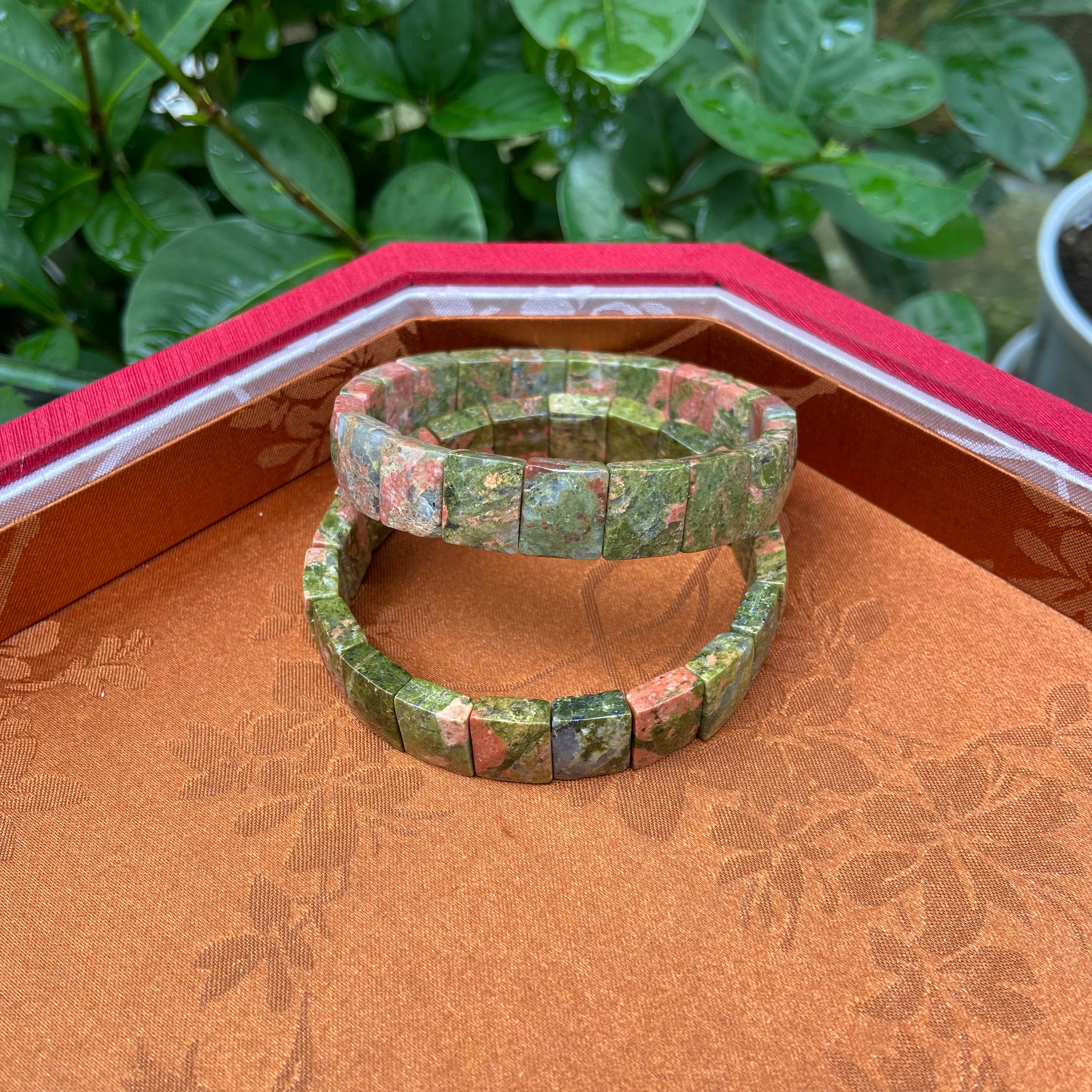 Natural Unakite Bangle Bracelet - Handcrafted Gemstone Jewelry with Pink & Green Swirled Patterns
