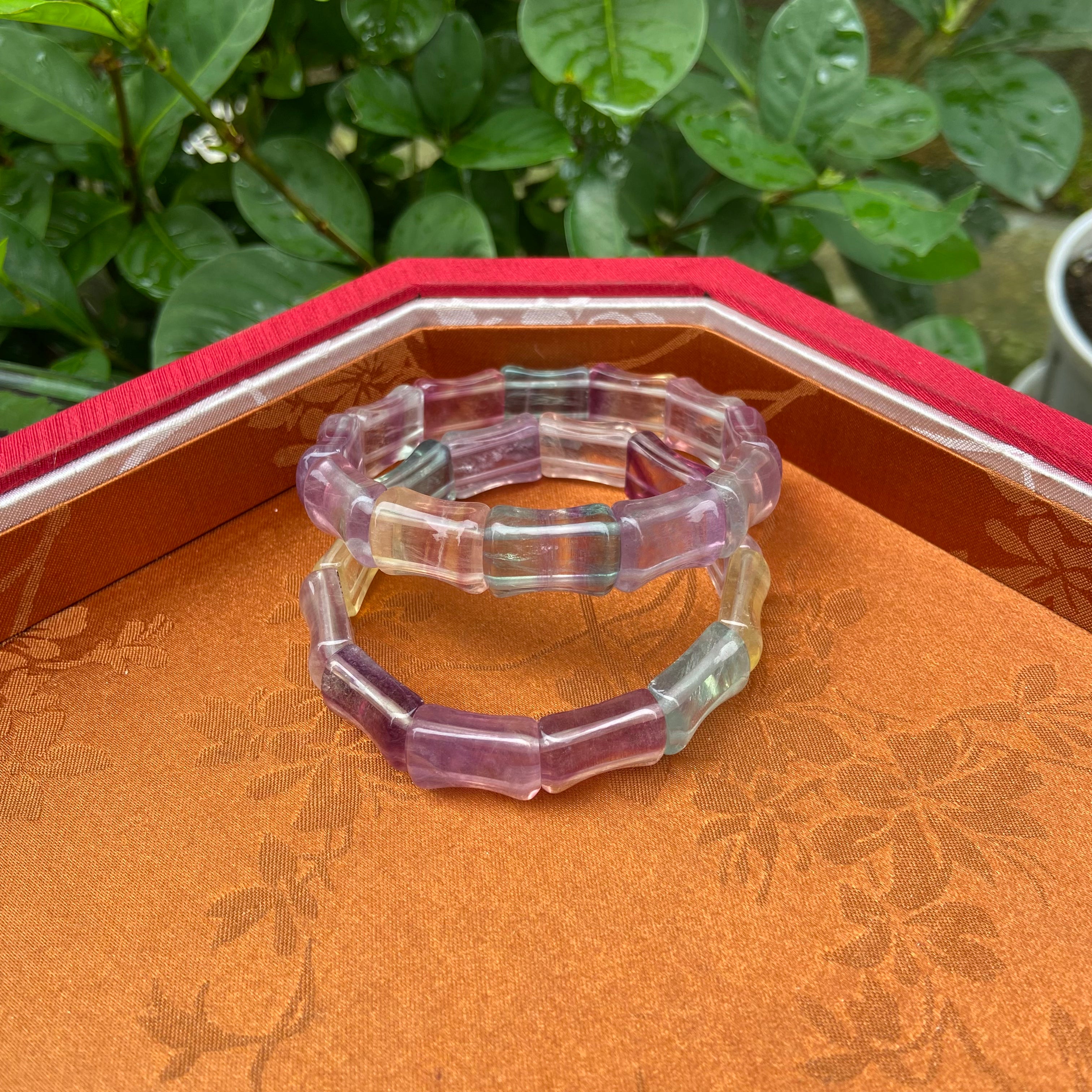 Natural Fluorite Bamboo Joint Bangle Bracelet - Handcrafted Gemstone Jewelry with Colorful Streaks