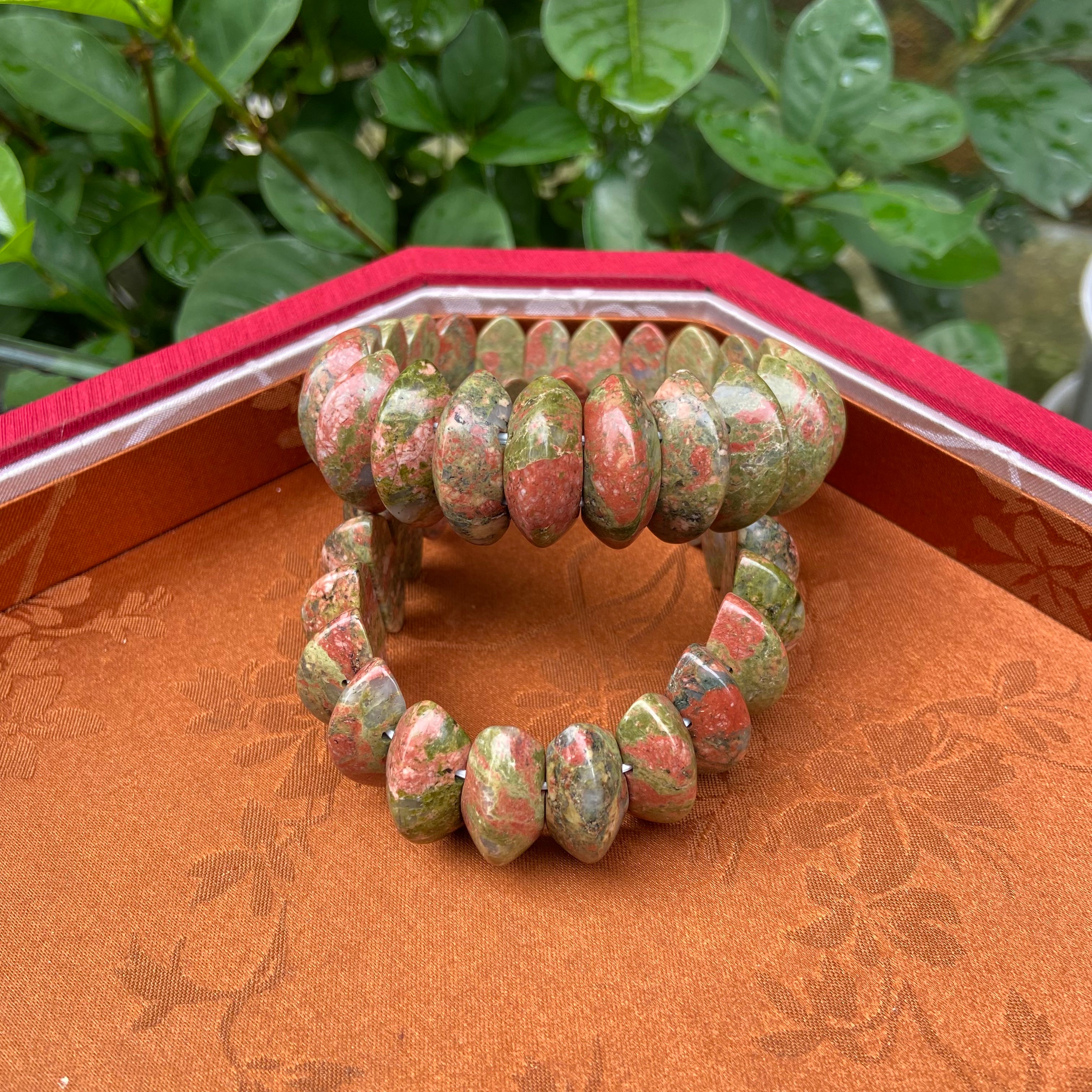 Natural Unakite Bangle Bracelet - Handcrafted Gemstone Jewelry with Pink & Green Swirled Patterns
