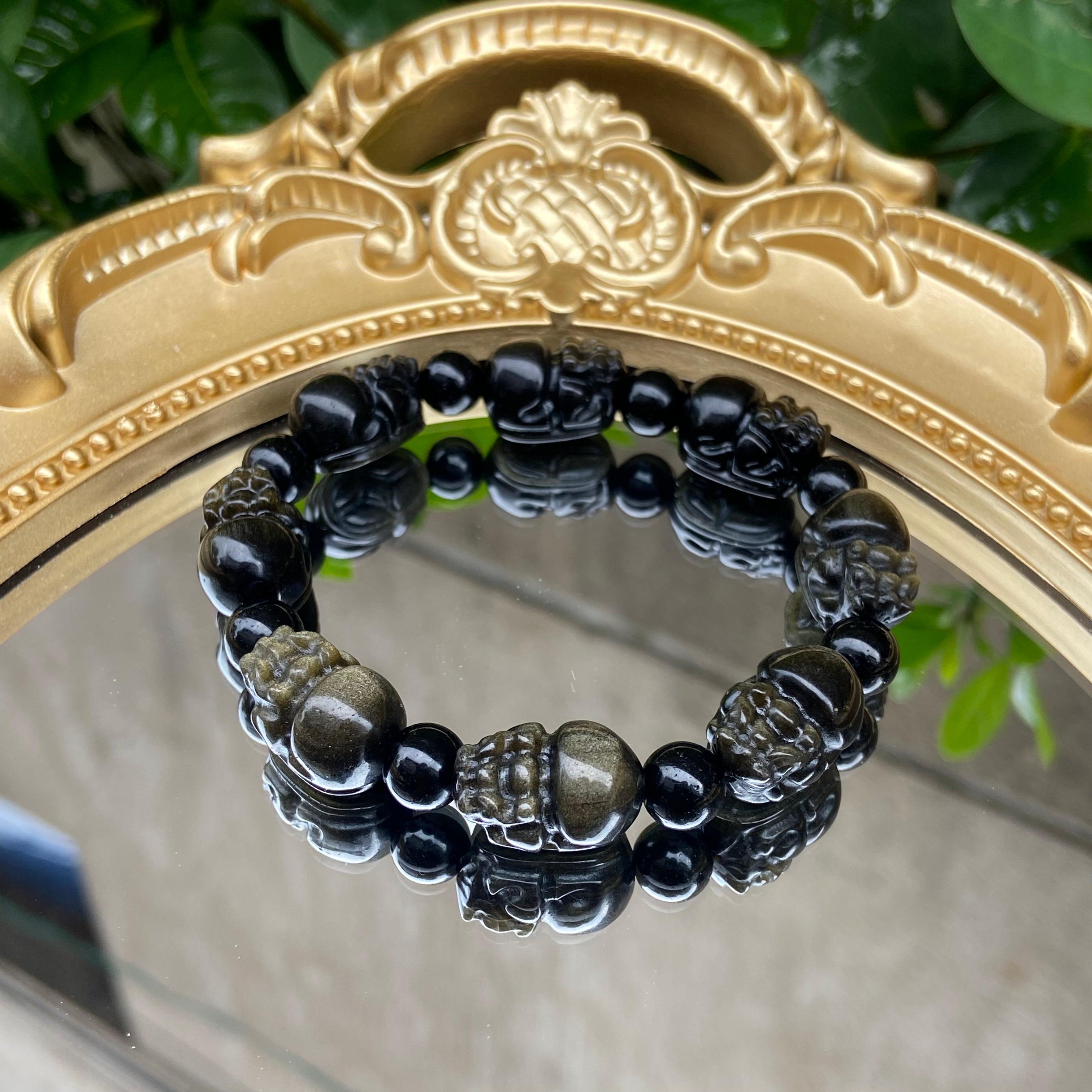 Natural Gold & Silver Obsidian Bracelet - Hand-Carved Pixiu Beads for Luck & Energy Protection