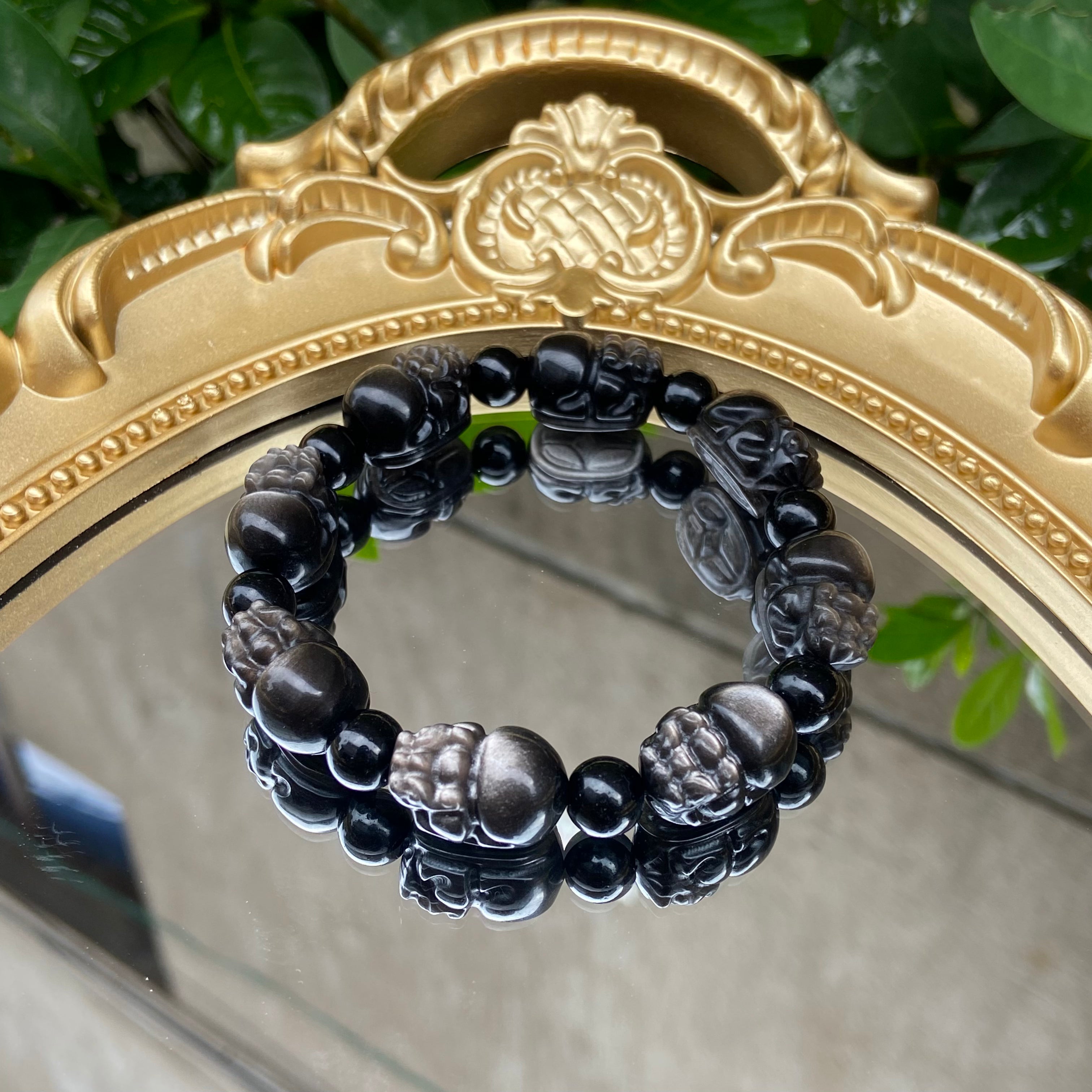 Natural Gold & Silver Obsidian Bracelet - Hand-Carved Pixiu Beads for Luck & Energy Protection