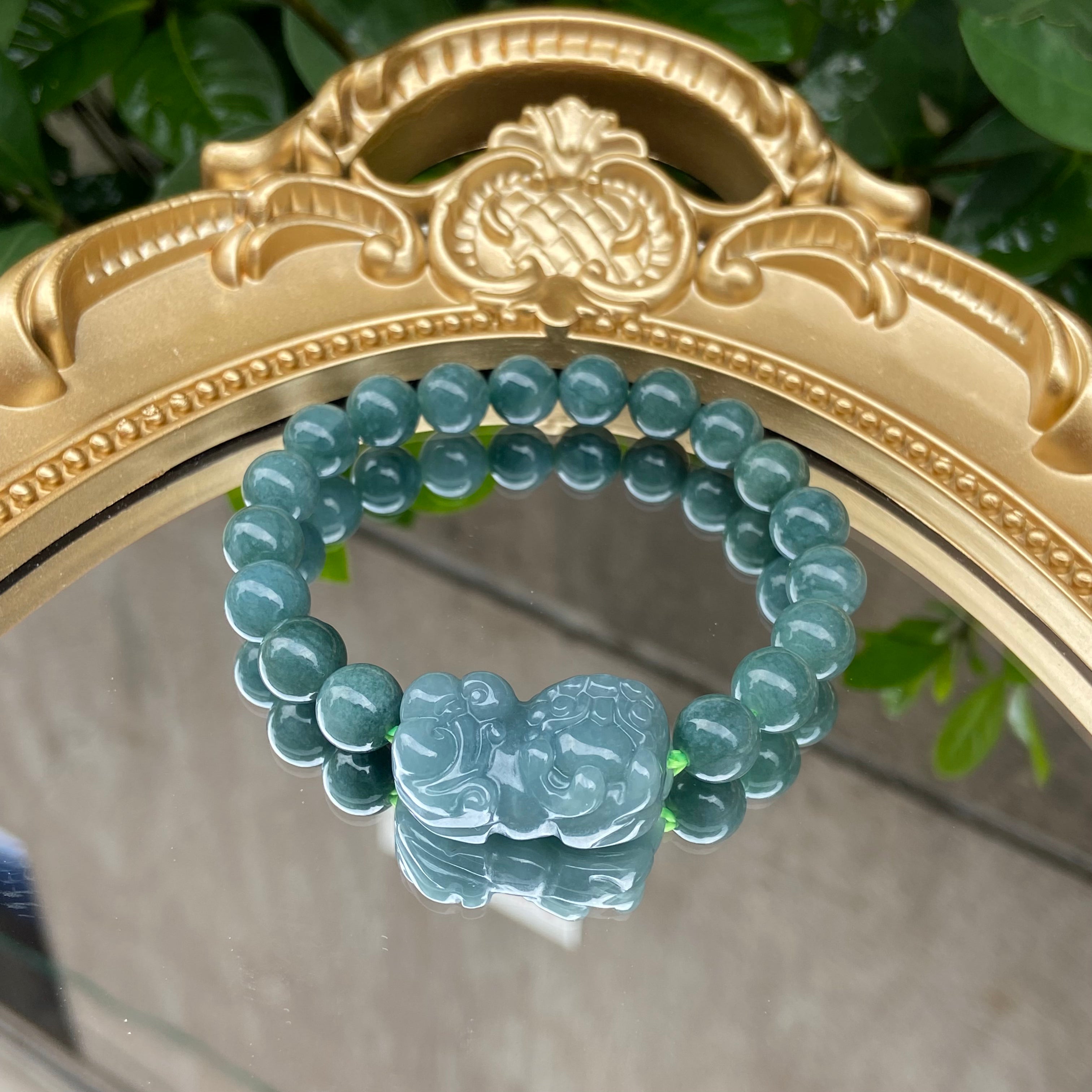 Natural Blue Water Jadeite Pixiu Bracelet - 8mm Beads, Authentic Gemstone Jewelry for Prosperity