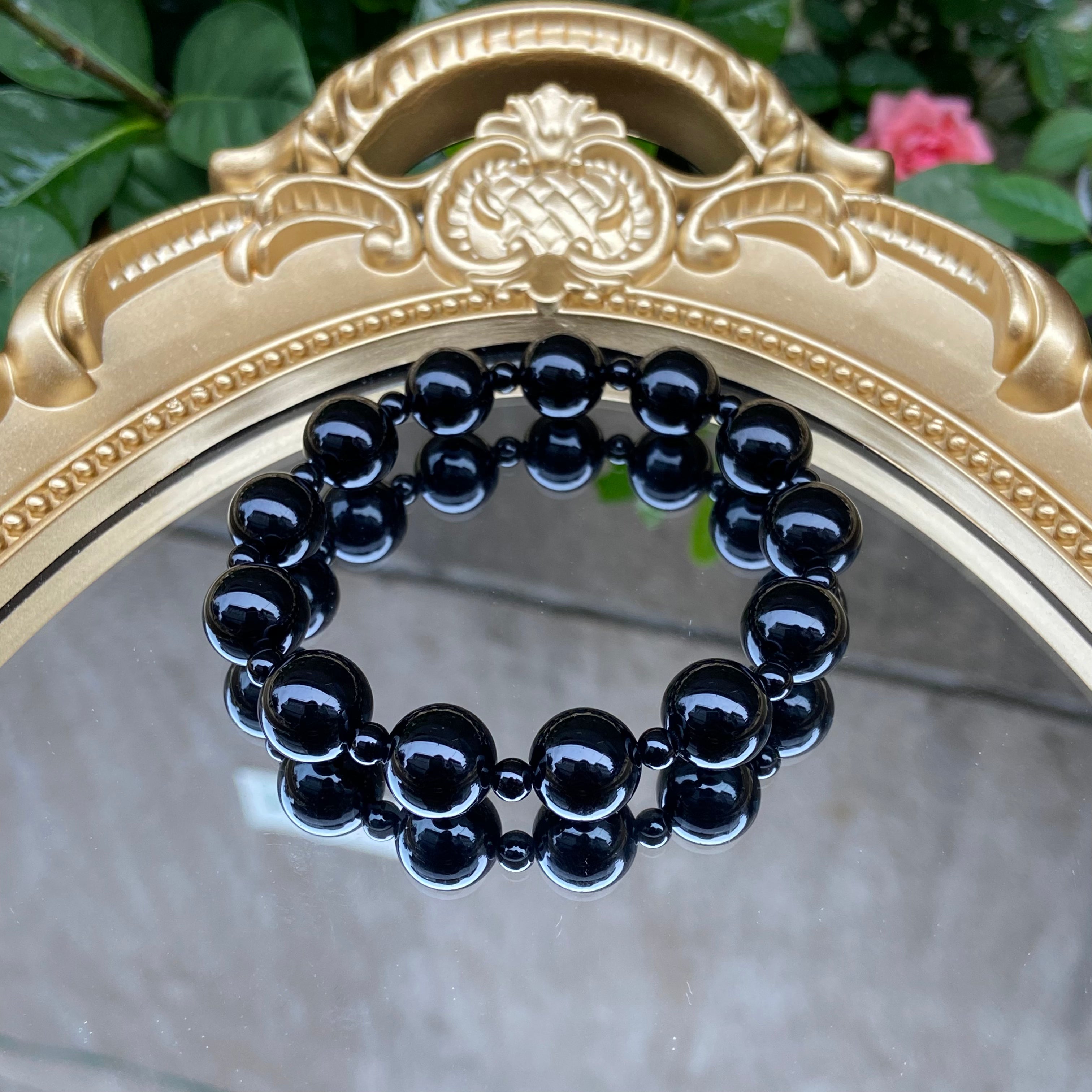 Original Mixed-Size Black Onyx Beaded Bracelet - Handcrafted Minimalist Jewelry for Timeless Style