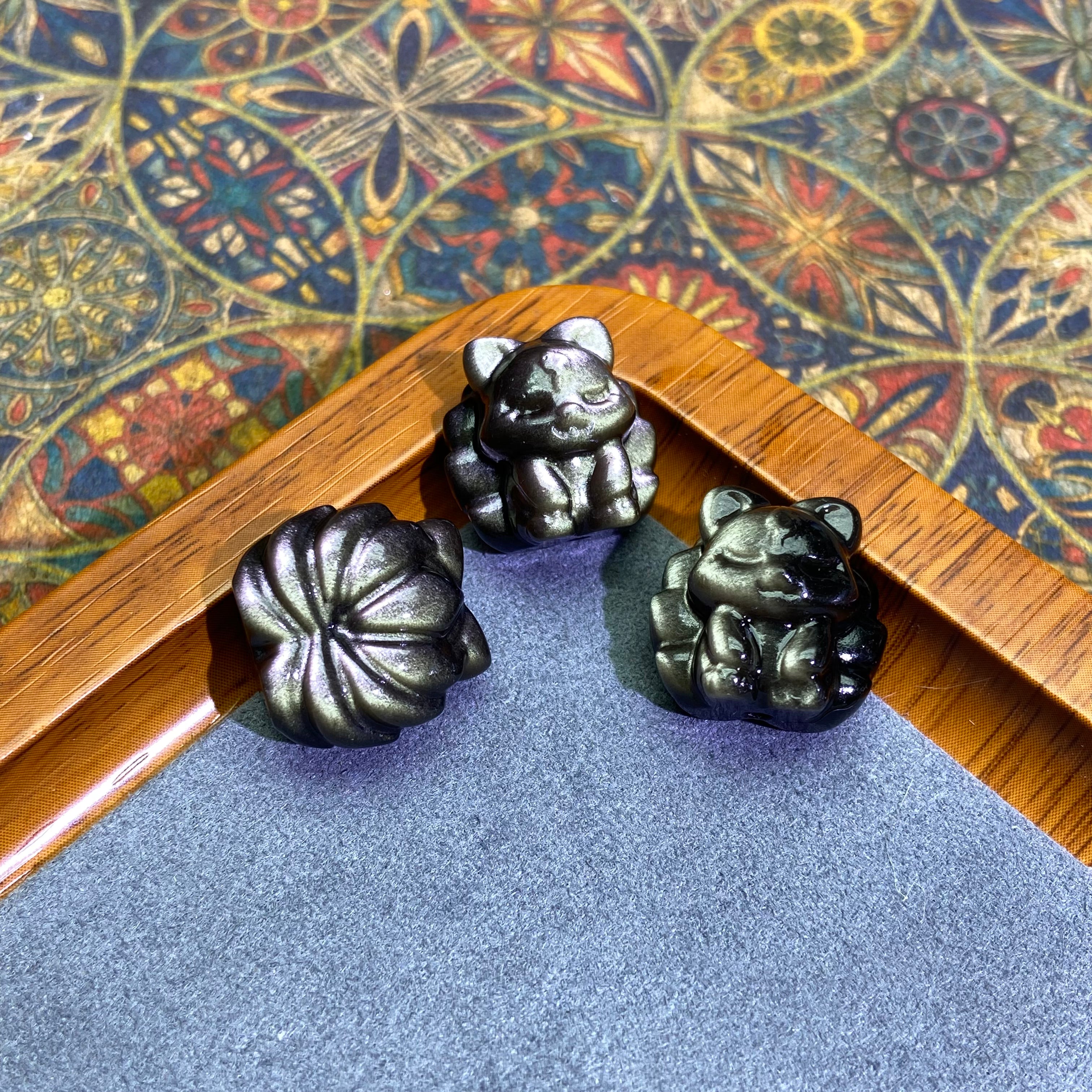 Silver Obsidian Nine-Tailed Fox Charm - Through-Hole Crystal Accessory for Jewelry Making