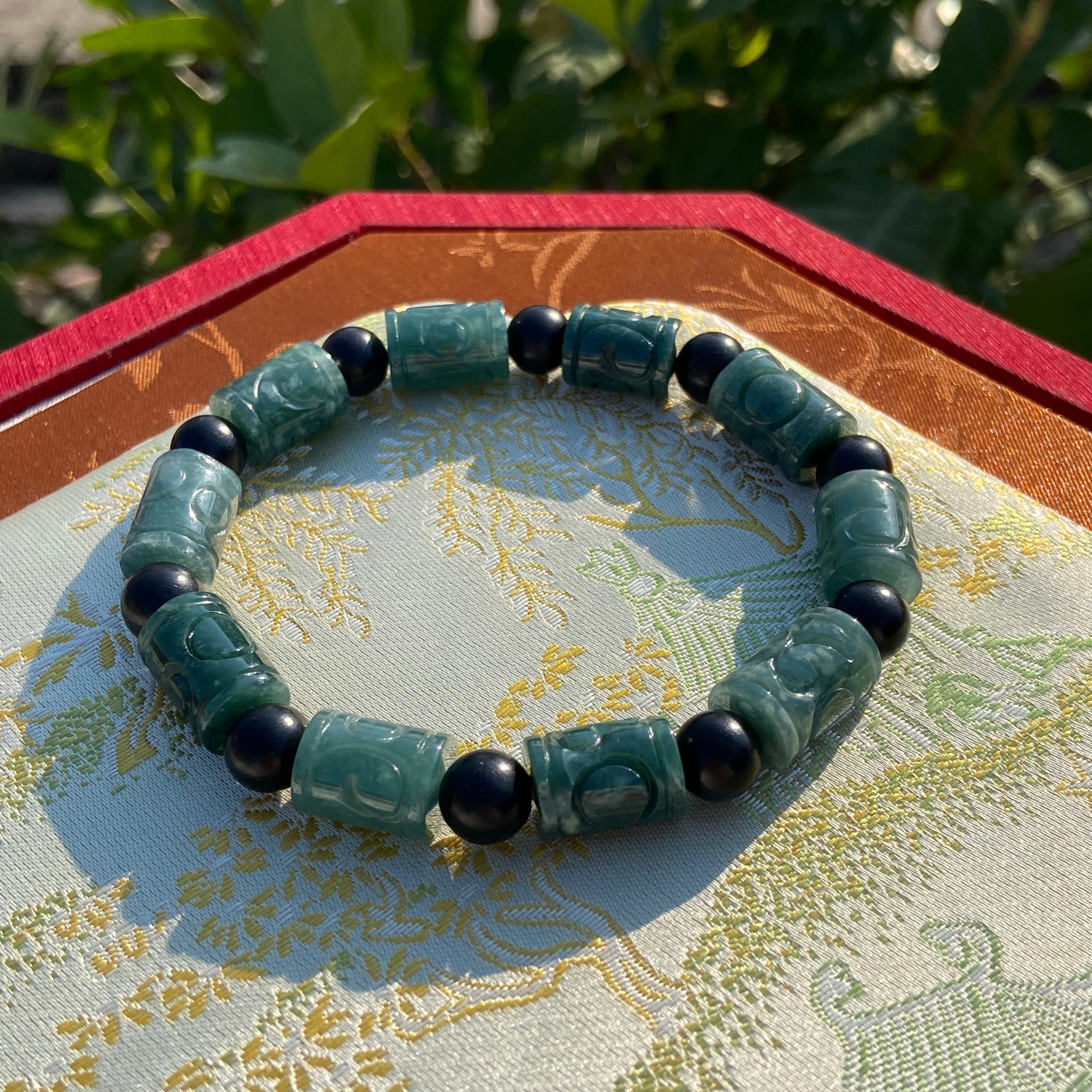 Natural Jade Barrel Bead Carved Bracelet - Handcrafted Feng Shui Jewelry for Prosperity & Luck