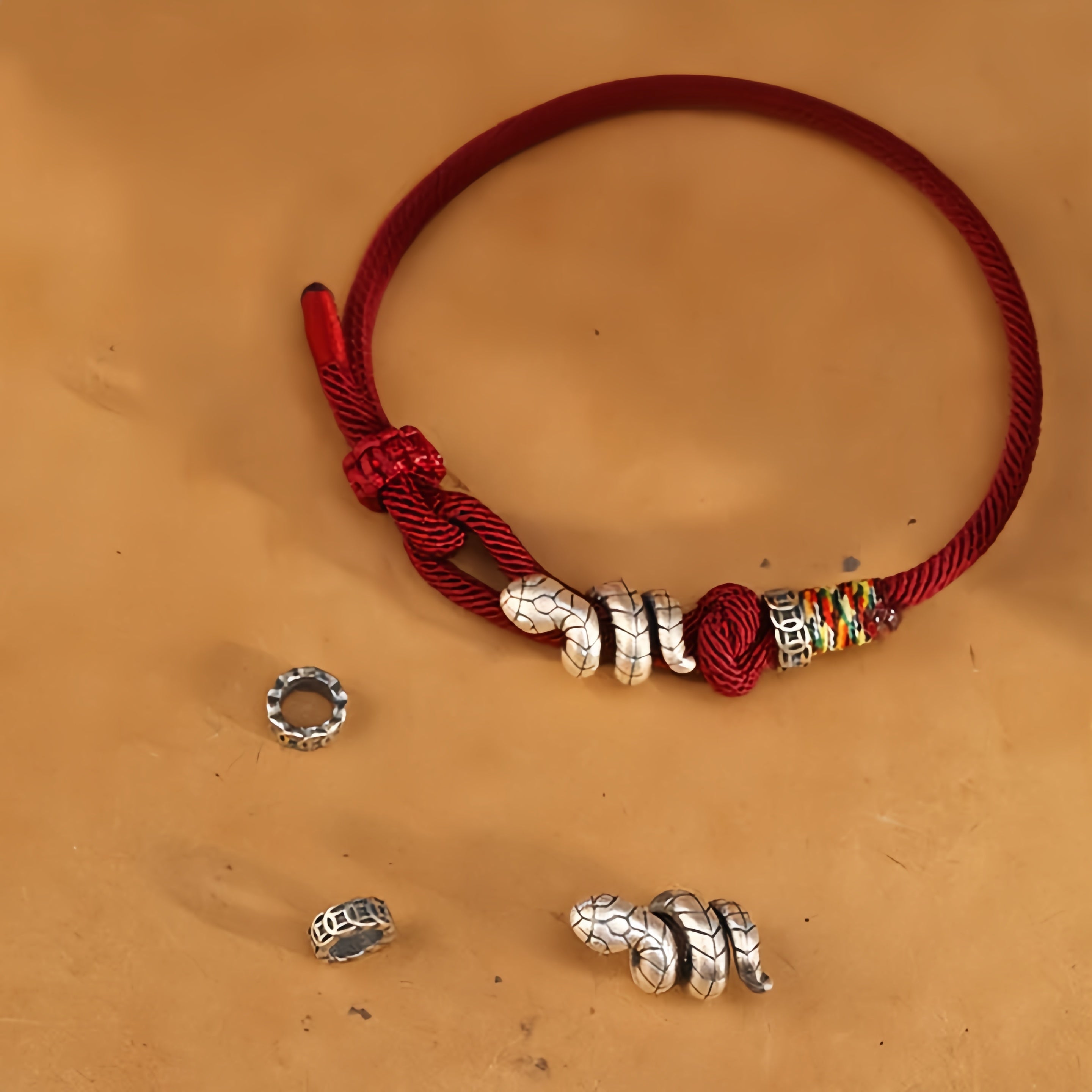Red String 925 Sterling Silver Year of the Snake Coin Ring Snake Luck Bracelet