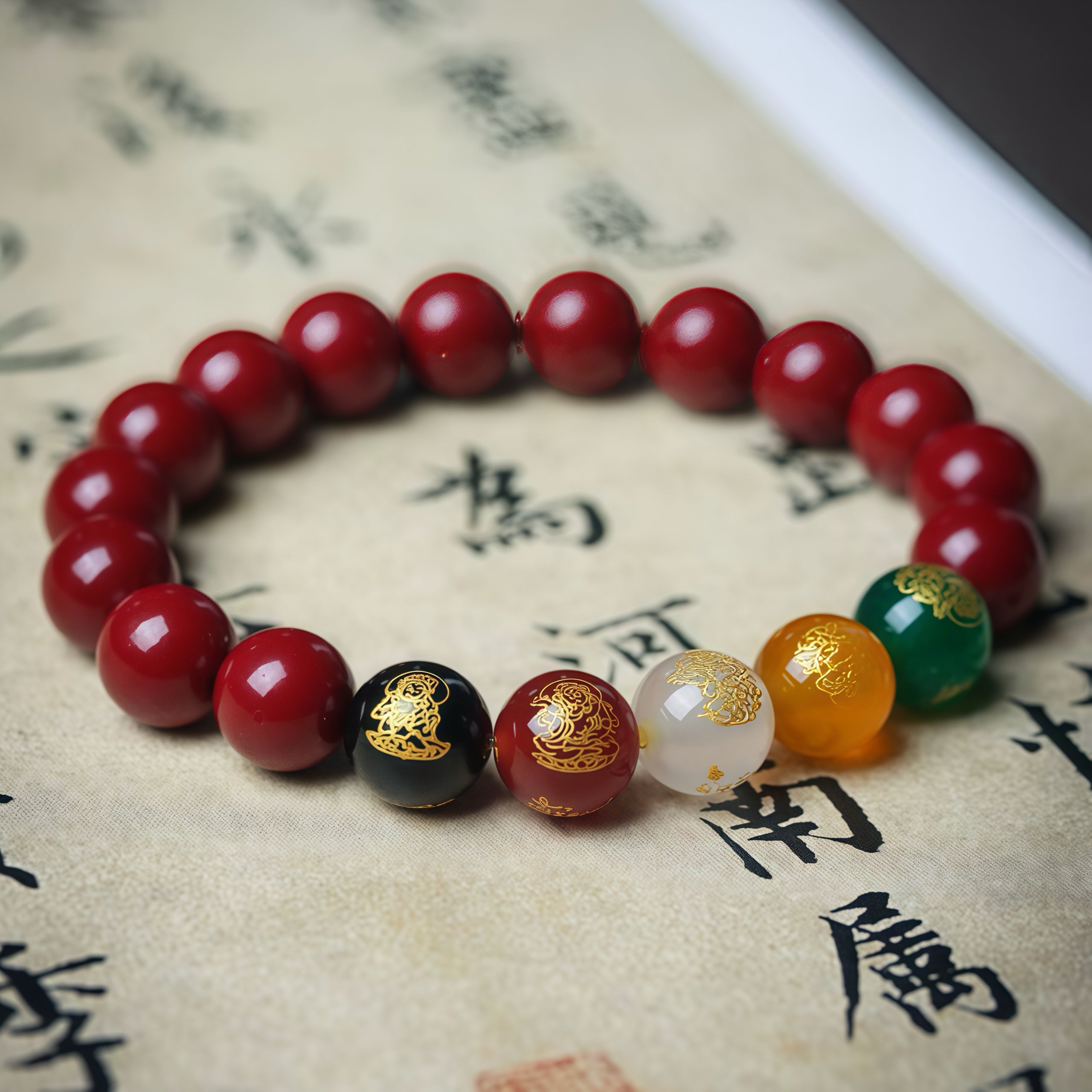 Five Fortune Gods Prosperity Bracelet & Chinese Feng Shui Cinnabar Beads for Wealth Attraction & Positive Energy