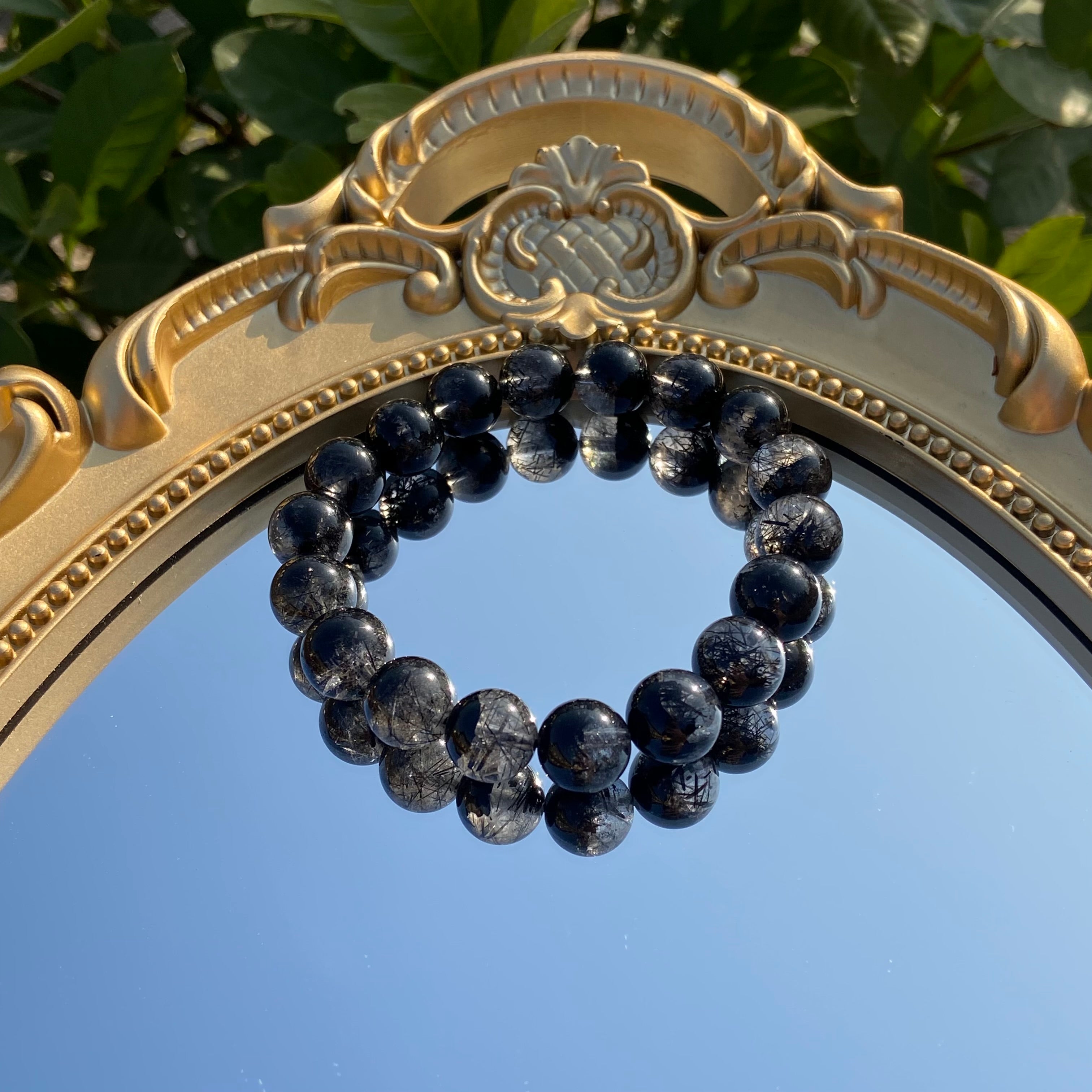 Natural Round Bead Black Rutilated Quartz Bracelet - High-Grade Crystal Jewelry for Protection & Strength