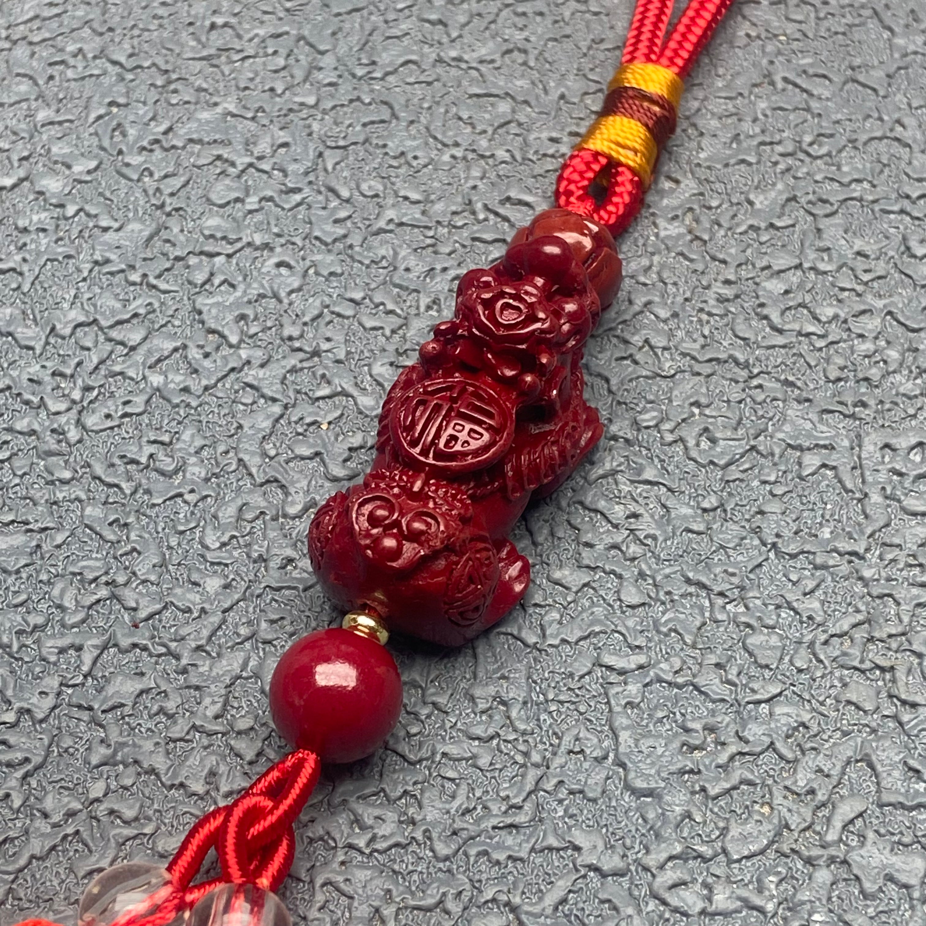 Cinnabar Pi Xiu Tassel Car Hanging Ornament, Hand-Woven Red String Pendant, Lucky Charm for Wealth & Safety, Auspicious Car Decoration