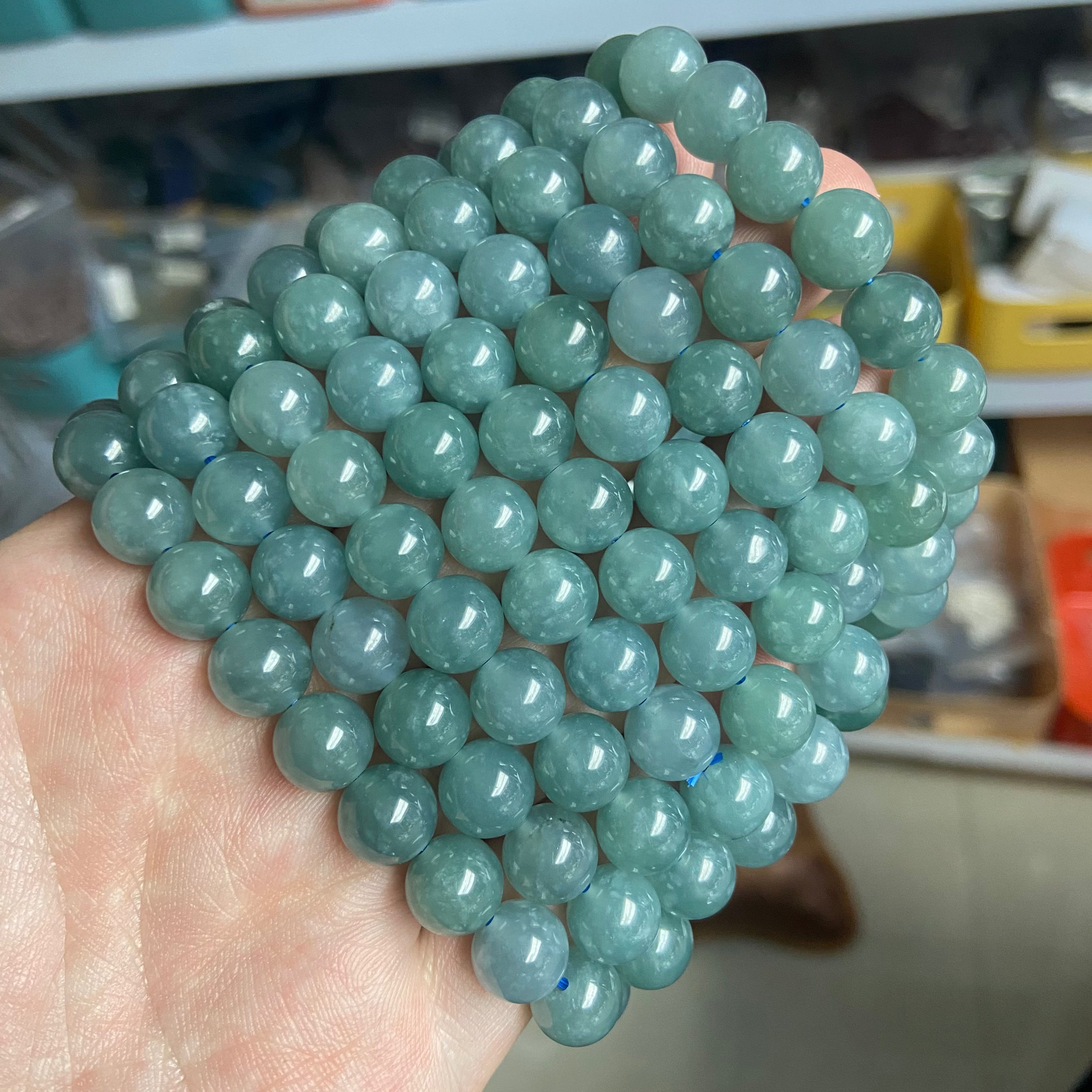 Blue Water Snowflake Jadeite Bracelet 10mm - Natural Myanmar Gemstone