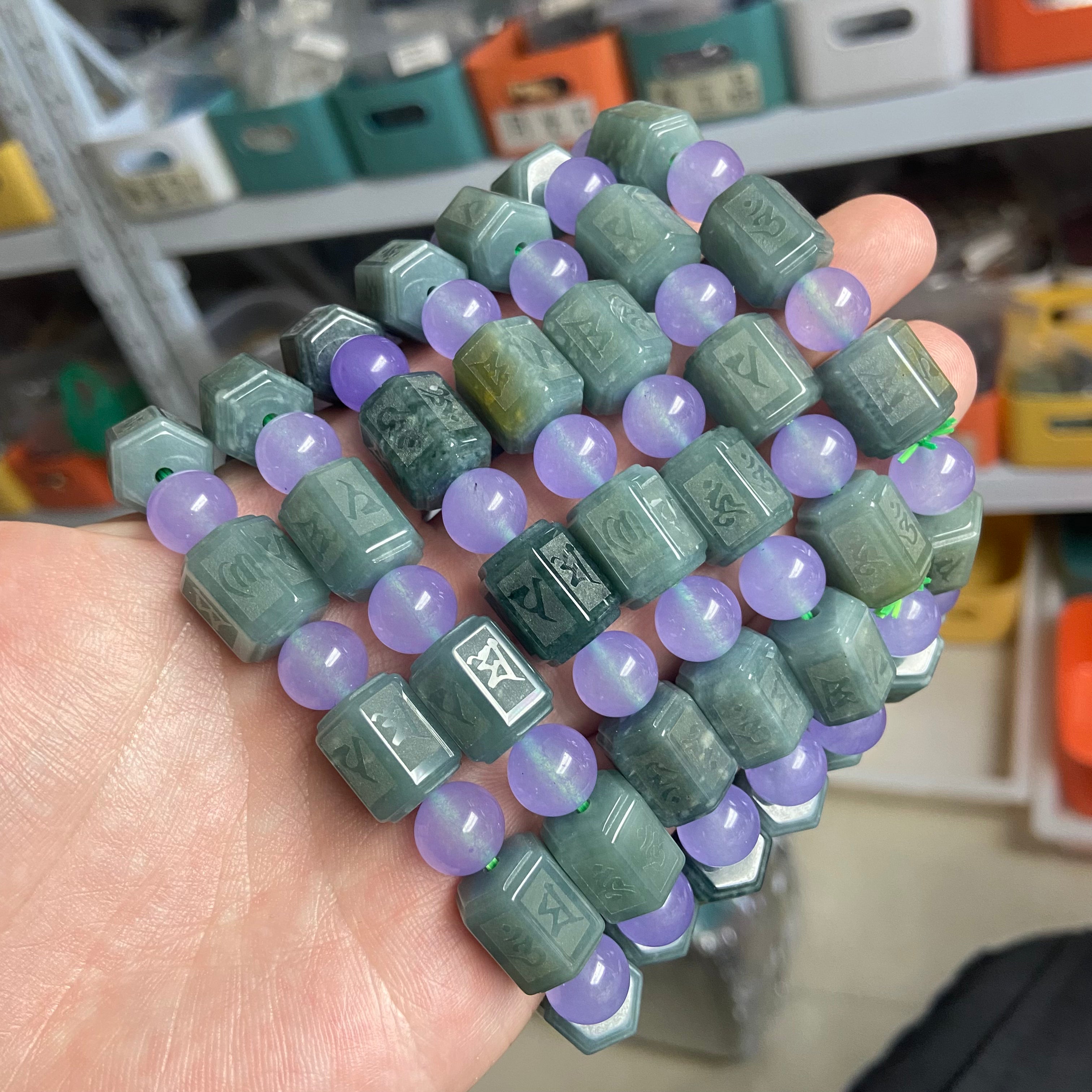Burmese Jadeite Six-Syllable Mantra Barrel Bead Bracelet - Authentic Handcrafted