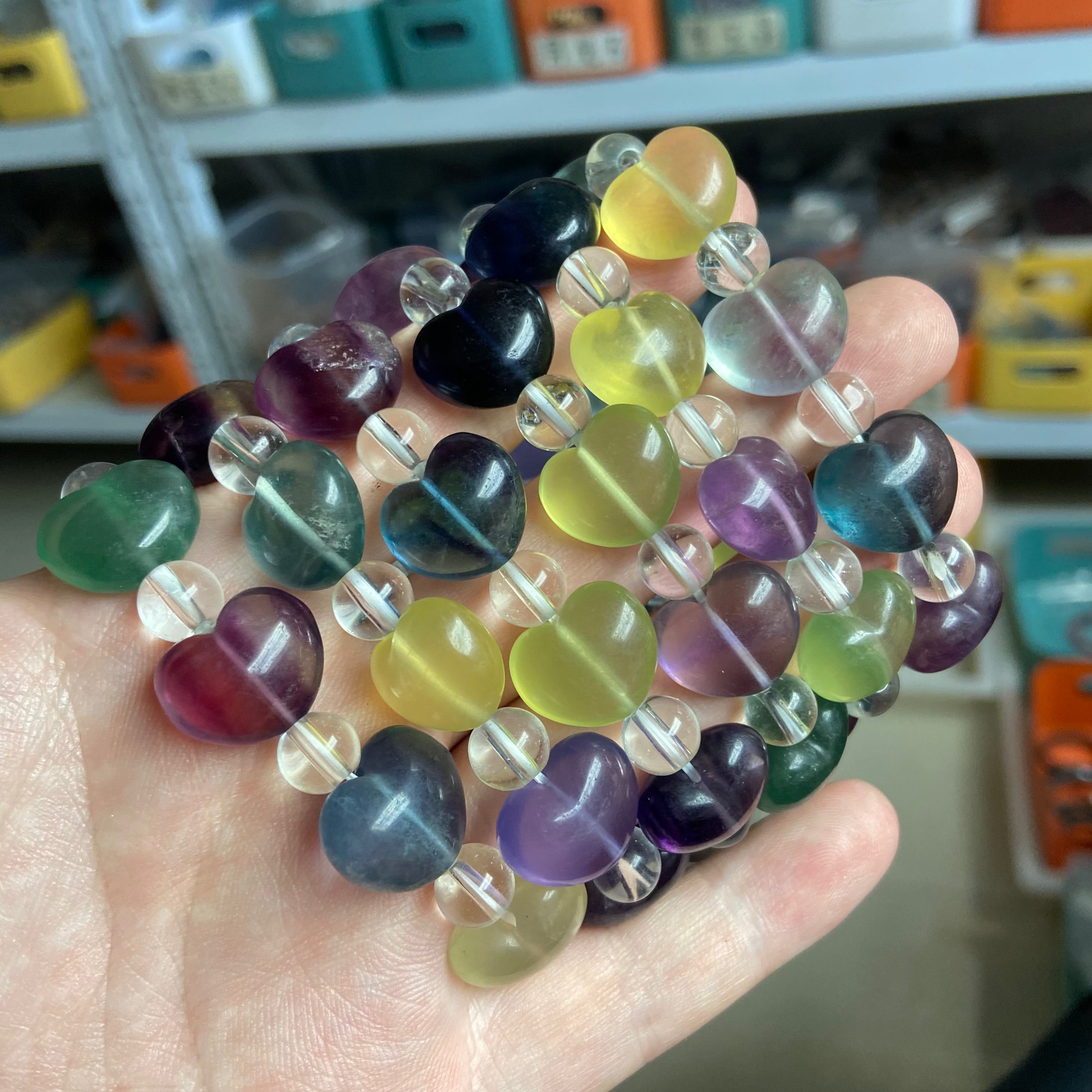 Colorful Fluorite Heart Bracelet - Natural Crystal Jewelry for Love & Positive Energy